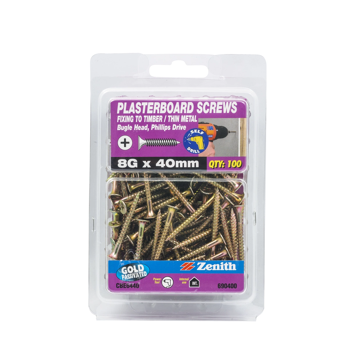 ZENITH® 8G x 40mm Plasterboard Screws for Internal Use – Pack of 100