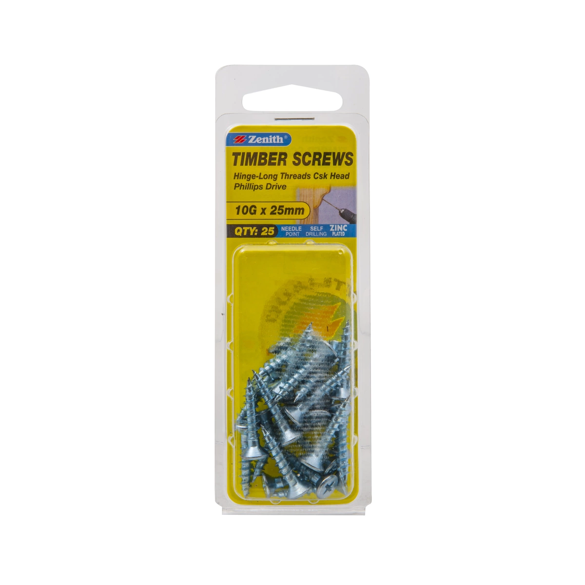 ZENITH® 10G x 25mm Zinc Plated, Phillips Drive, Timber Screws – Internal Use – 25 Pack