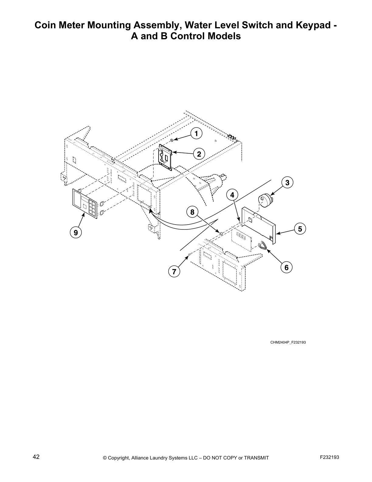 Coin Meter Mounting Assembly, Water Level Switch and Keypad - 
A and B Control Models