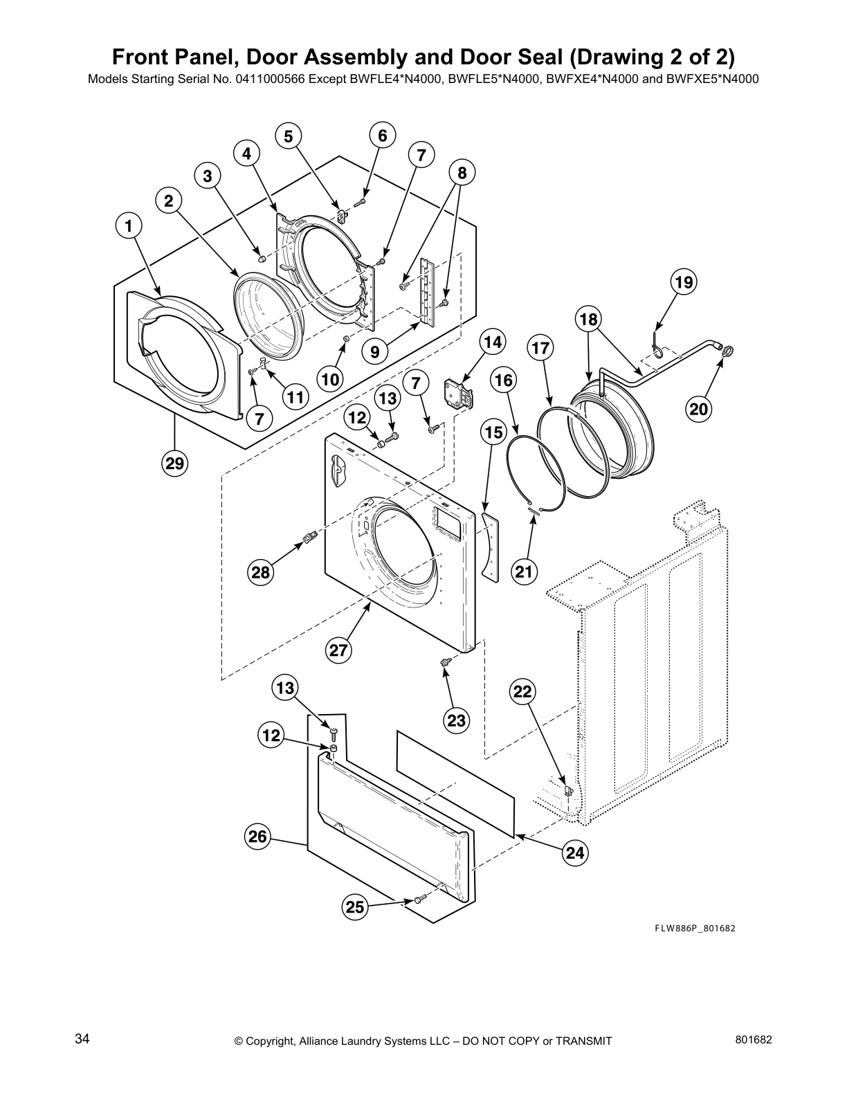 Front Panel, Door Assembly and Door Seal (Drawing 2 of 2)