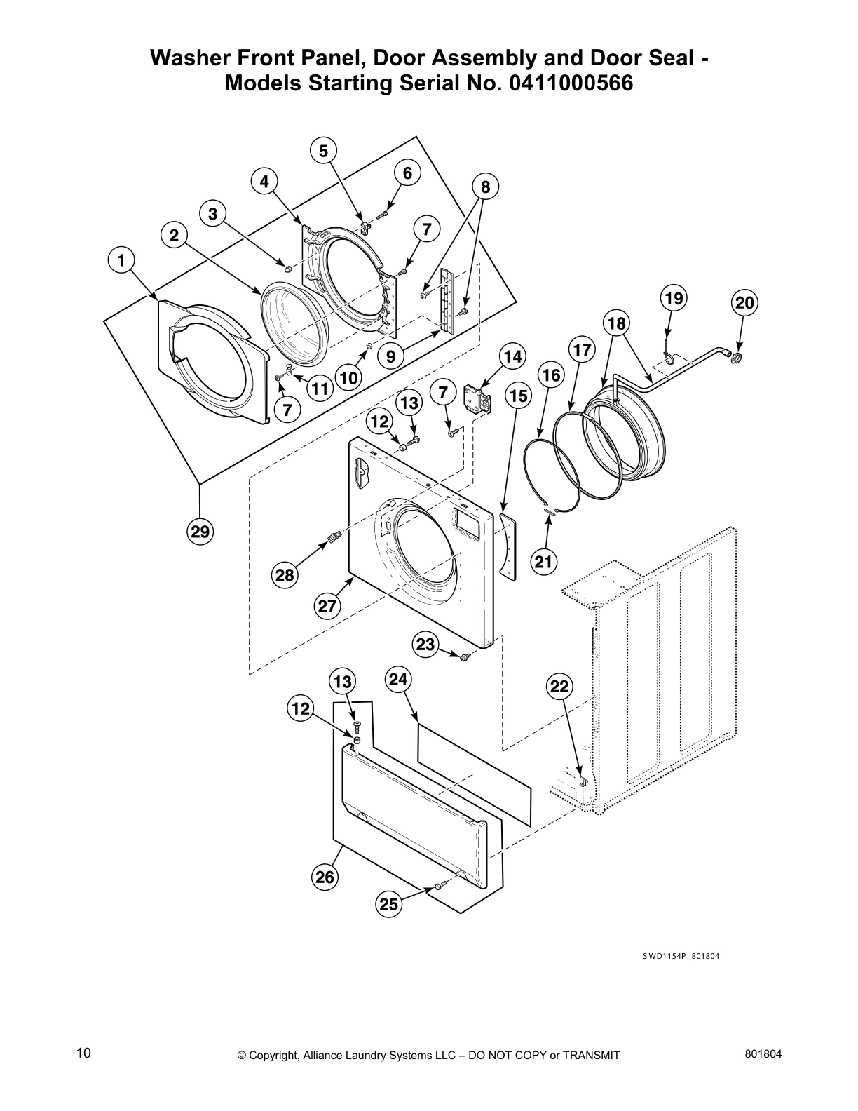 Washer Front Panel, Door Assembly and Door Seal -
Models Starting Serial No. 0411000566