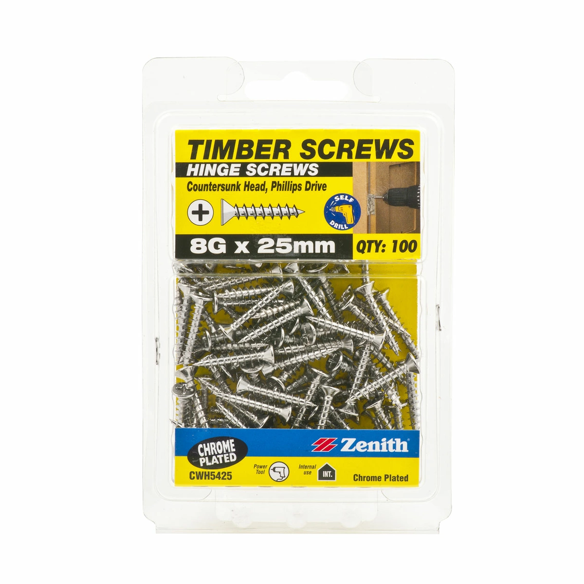 ZENITH® 8G x 25mm Chrome Plated, Phillips Drive, Hinge Screws – Internal Use – 100 Pack