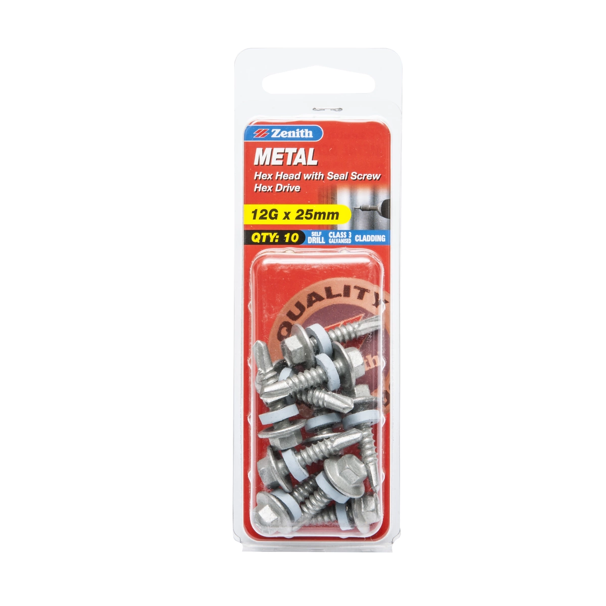 ZENITH® 12G x 25mm Class 3 Galvanised, Self Drilling, External Hex Drive, Cladding & Roofing Screws with Seal – External Use – 10 Pack
