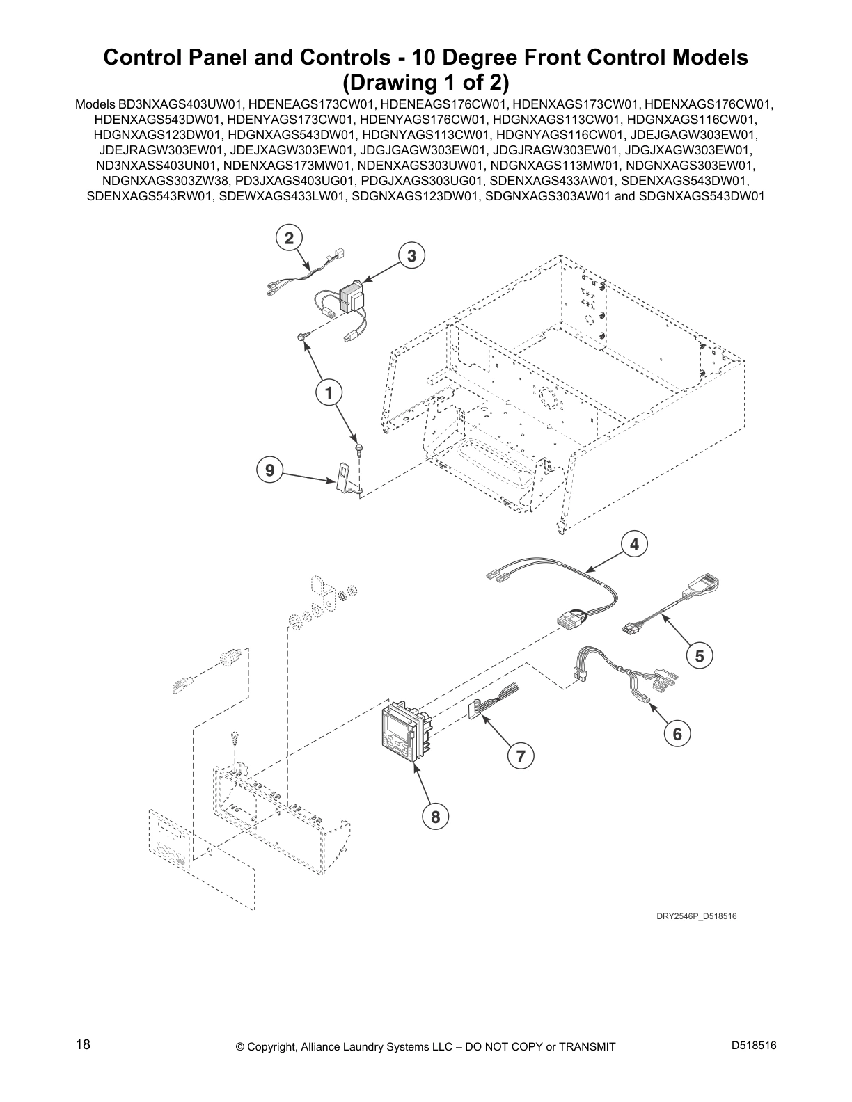Control Panel and Controls - 10 Degree Front Control Models 
(Drawing 1 of 2)