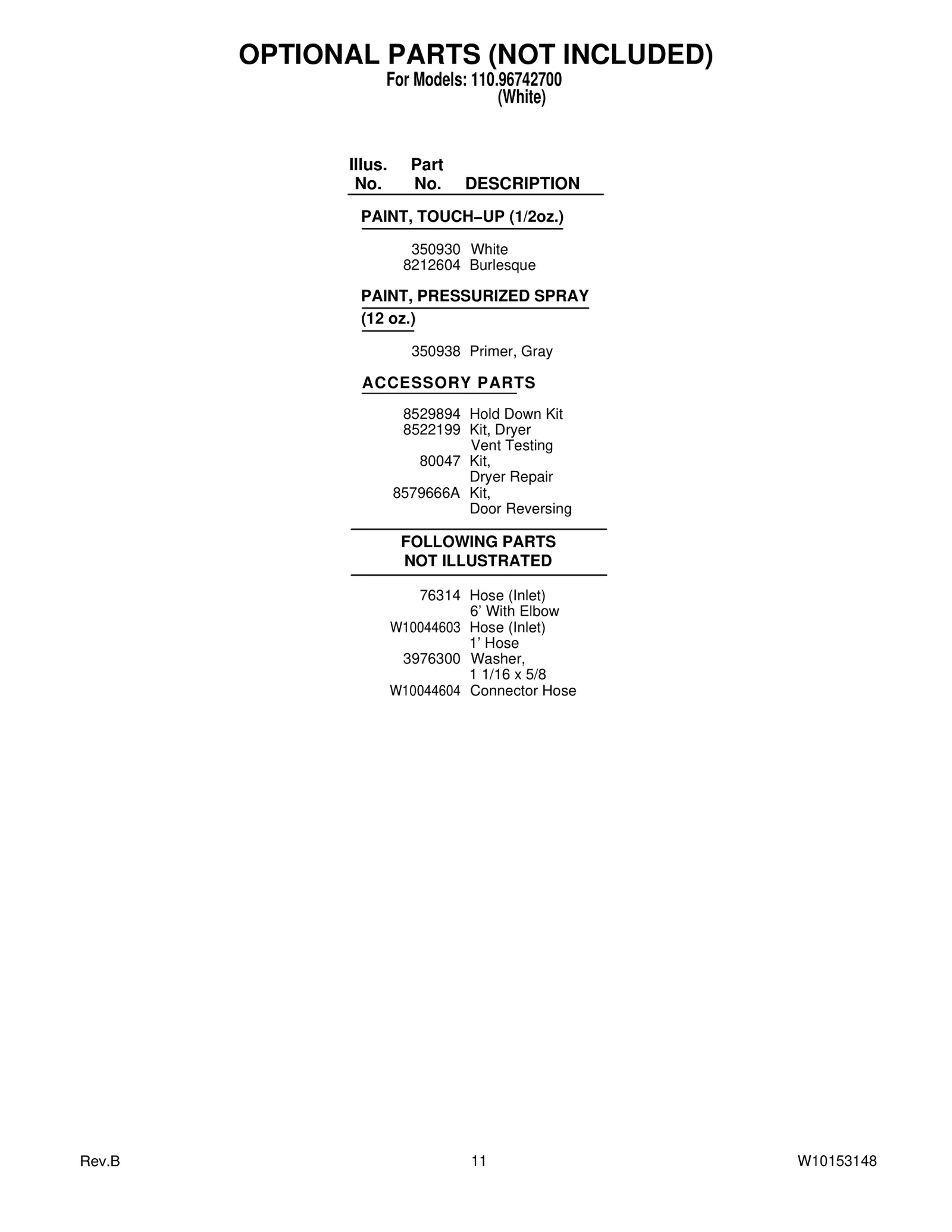 OPTIONAL PARTS (NOT INCLUDED)