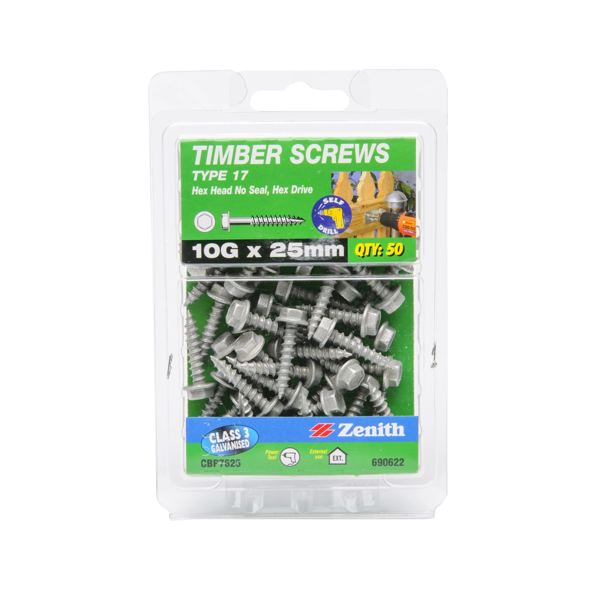 ZENITH® 10G x 25mm Class 3 Galvanised, External Hex Drive, Timber Screws – External Use – 50 Pack