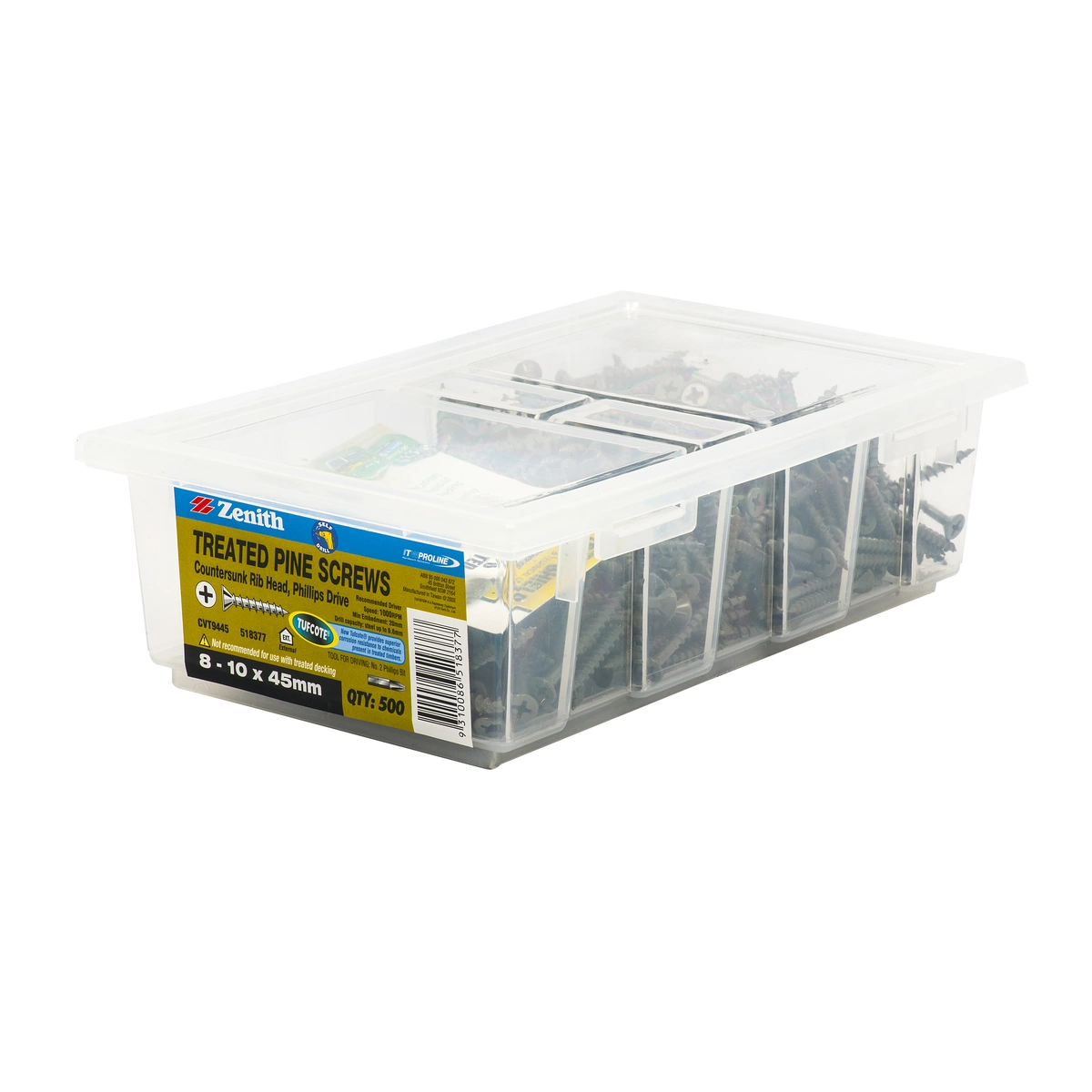 ZENITH® 8G x 45mm TUFCOTE®, Phillips Drive, Treated Pine Screws – External Use – 500 Pack