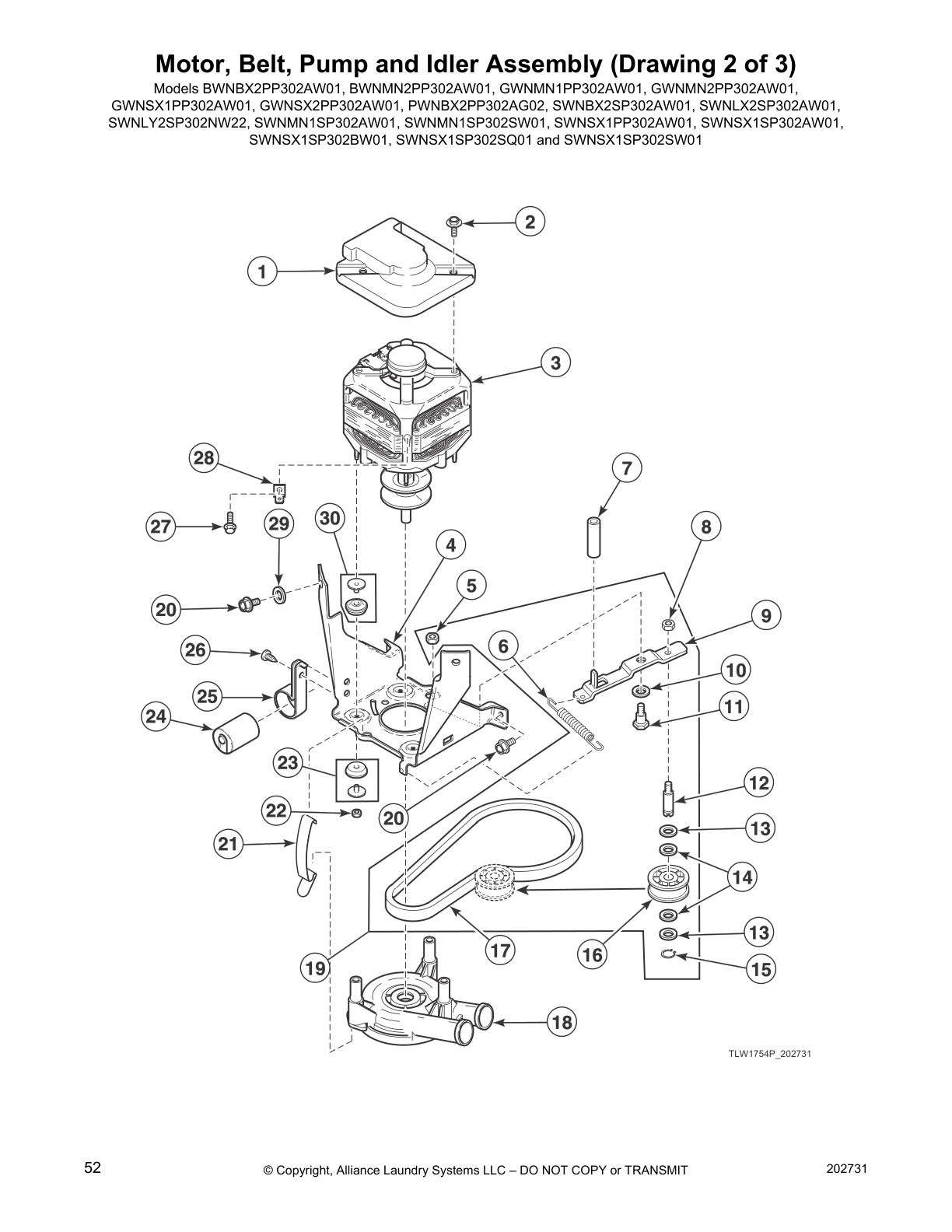 Motor, Belt, Pump and Idler Assembly (Drawing 2 of 3)