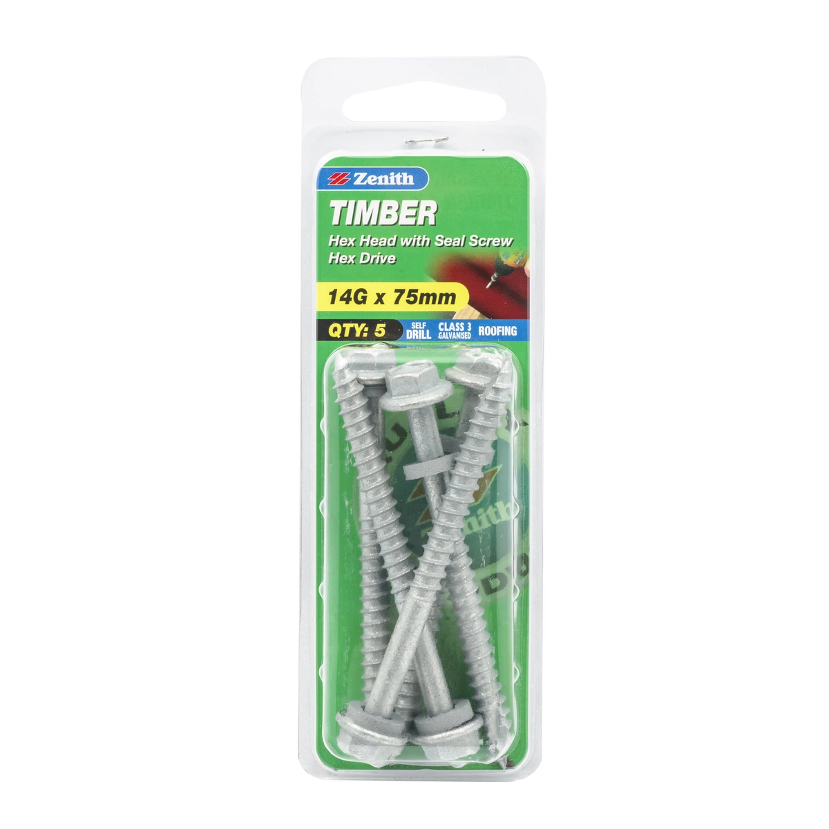 ZENITH® 14G x 75mm Class 3 Galvanised, External Hex Drive, Cladding & Roofing Screws with Seal – External Use – 5 Pack