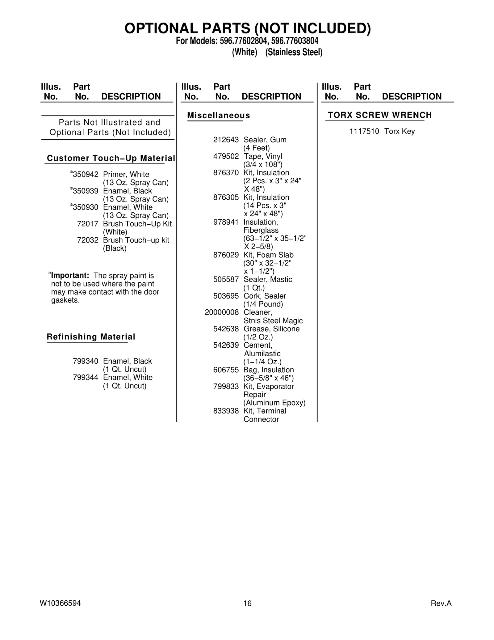 OPTIONAL PARTS (NOT INCLUDED)