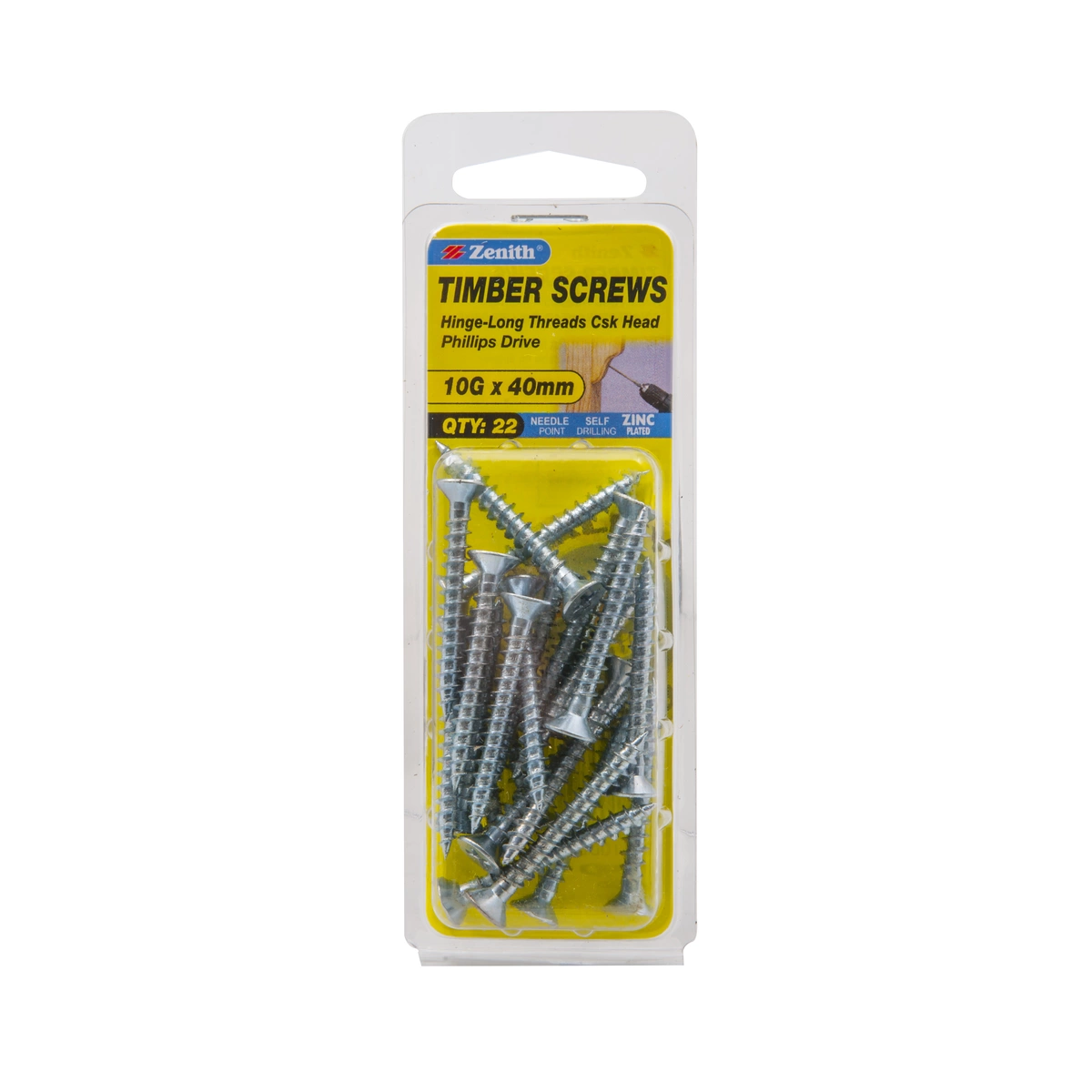 ZENITH® 10G x 40mm Zinc Plated, Phillips Drive, Timber Screws – Internal Use – 22 Pack