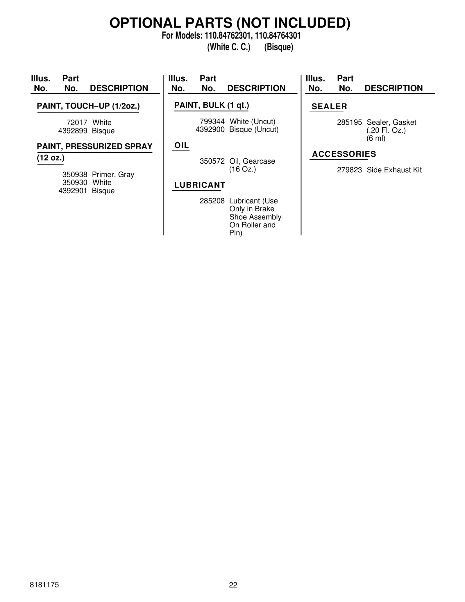 OPTIONAL PARTS (NOT INCLUDED)