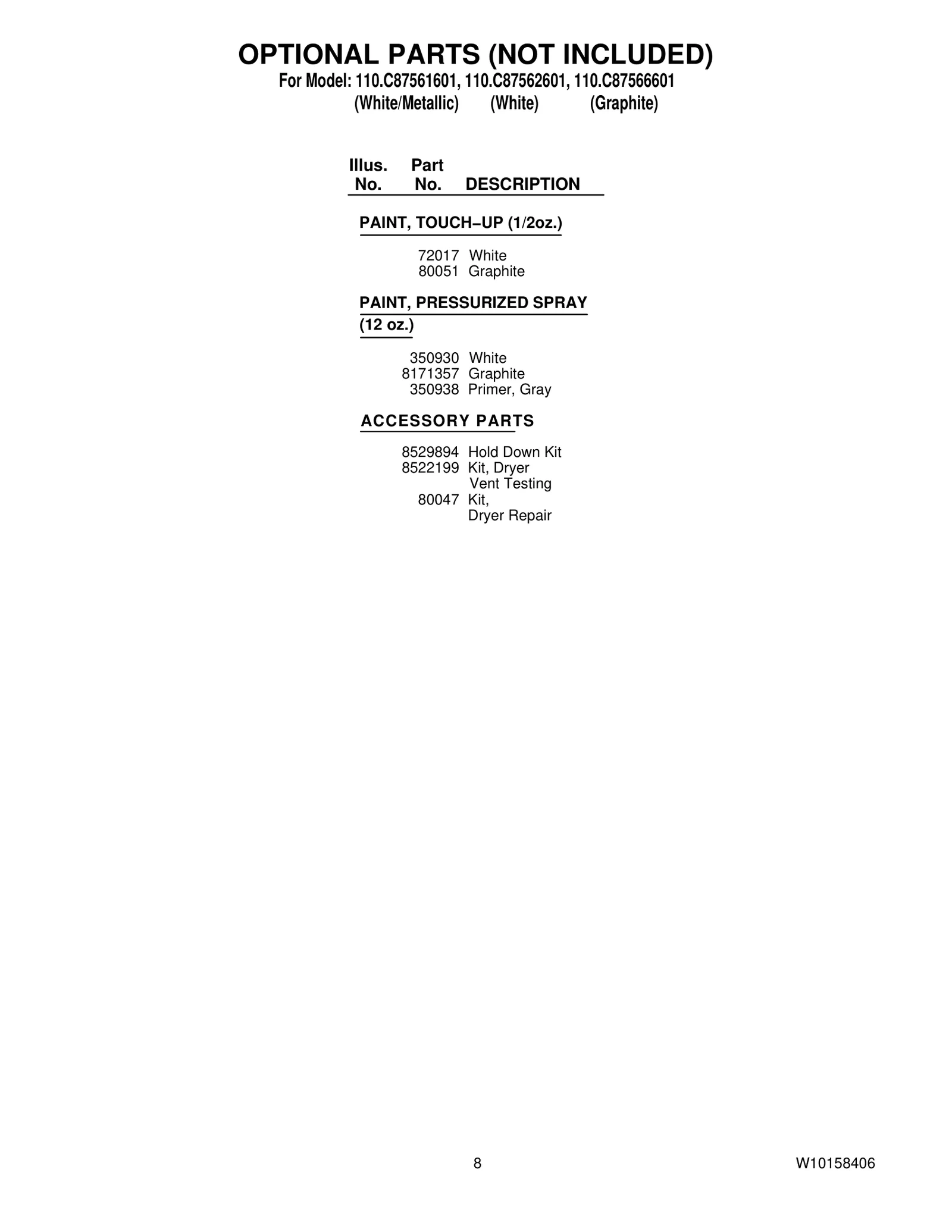 OPTIONAL PARTS (NOT INCLUDED)