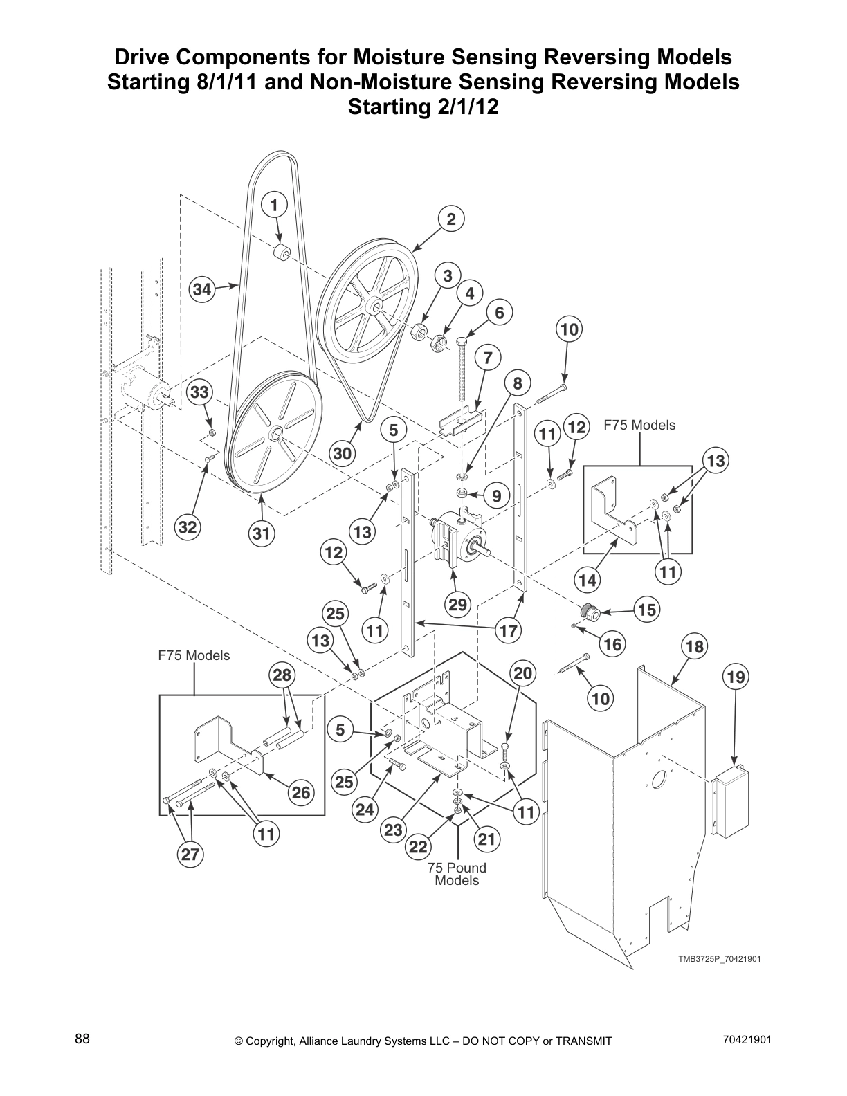 Drive Components for Moisture Sensing Reversing Models 
Starting 8/1/11 and Non-Moisture Sensing Reversing Models 
Starting 2/1/12