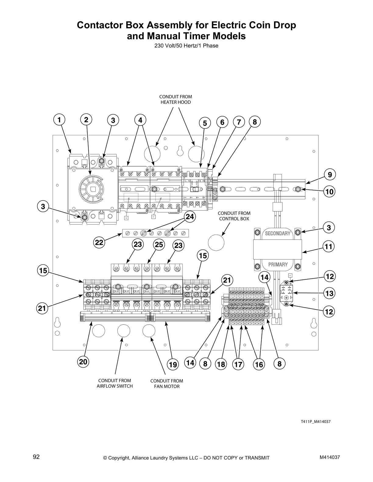 Contactor Box Assembly for Electric Coin Drop
and Manual Timer Models