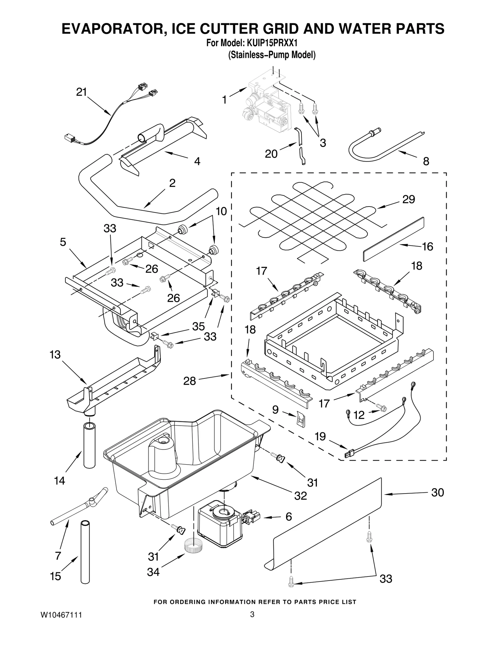 EVAPORATOR, ICE CUTTER GRID AND WATER PARTS