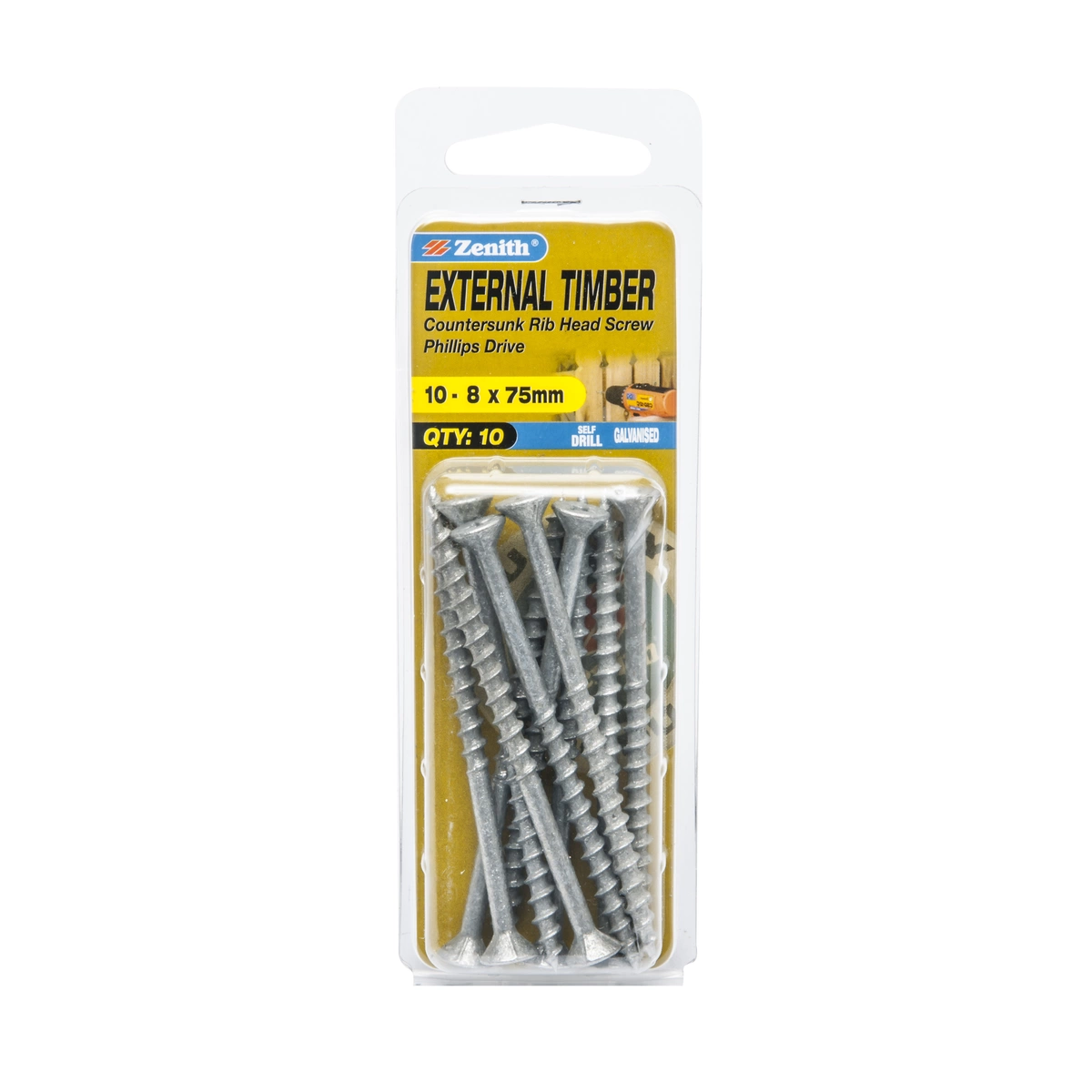 ZENITH® 10G x 75mm Galvanised, Phillips Drive, Timber Screws – External Use – 10 Pack
