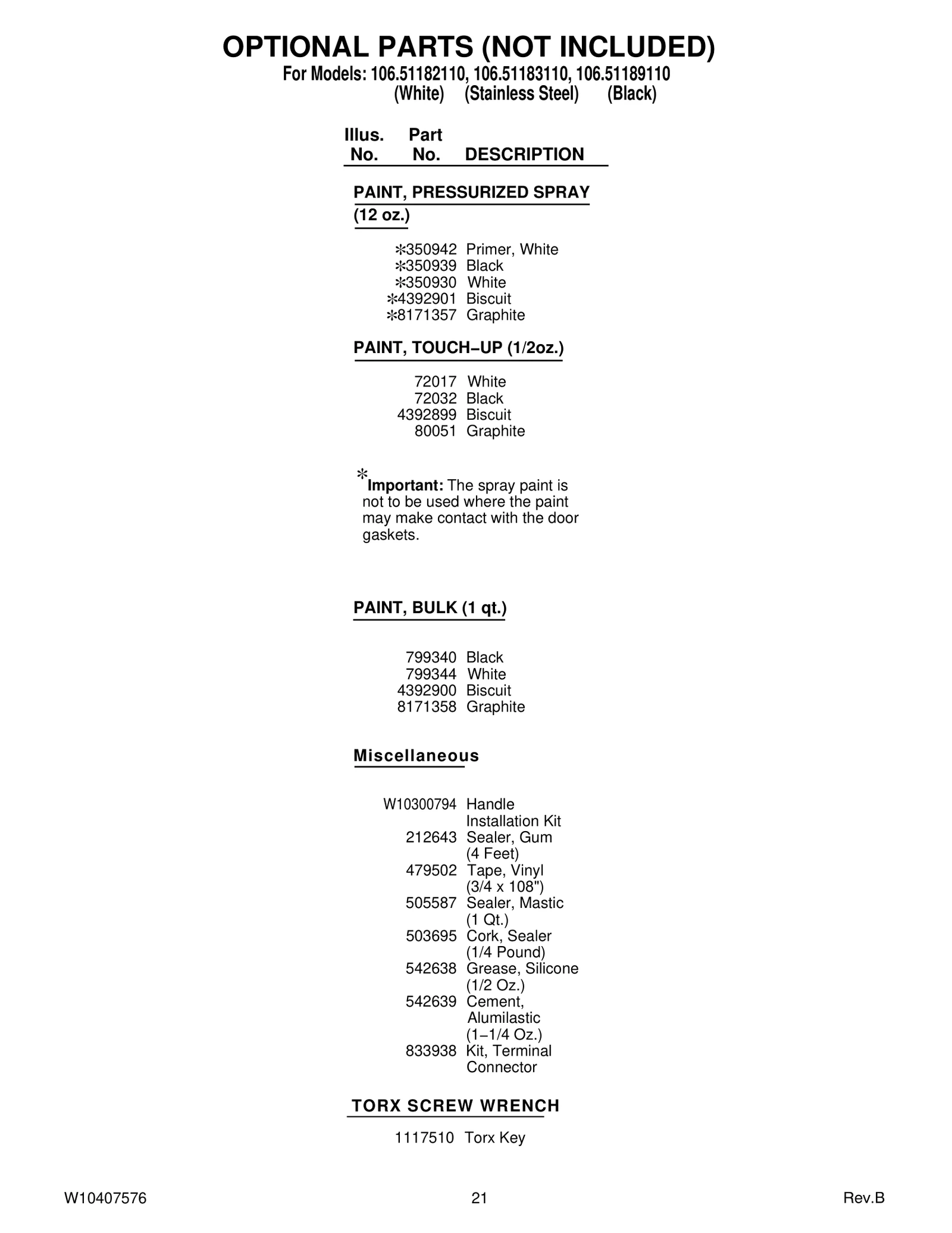 OPTIONAL PARTS (NOT INCLUDED)