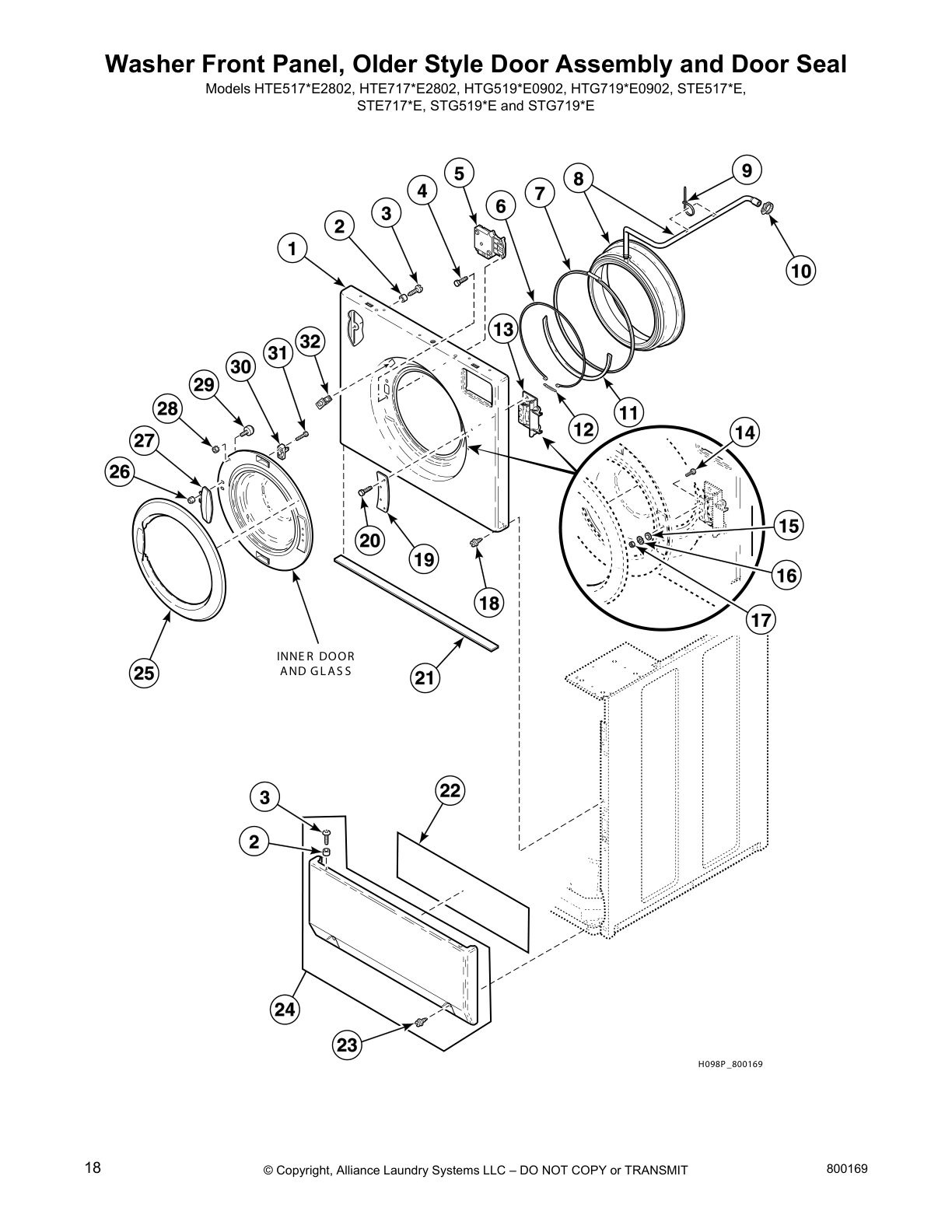 Washer Front Panel, Older Style Door Assembly and Door Seal
