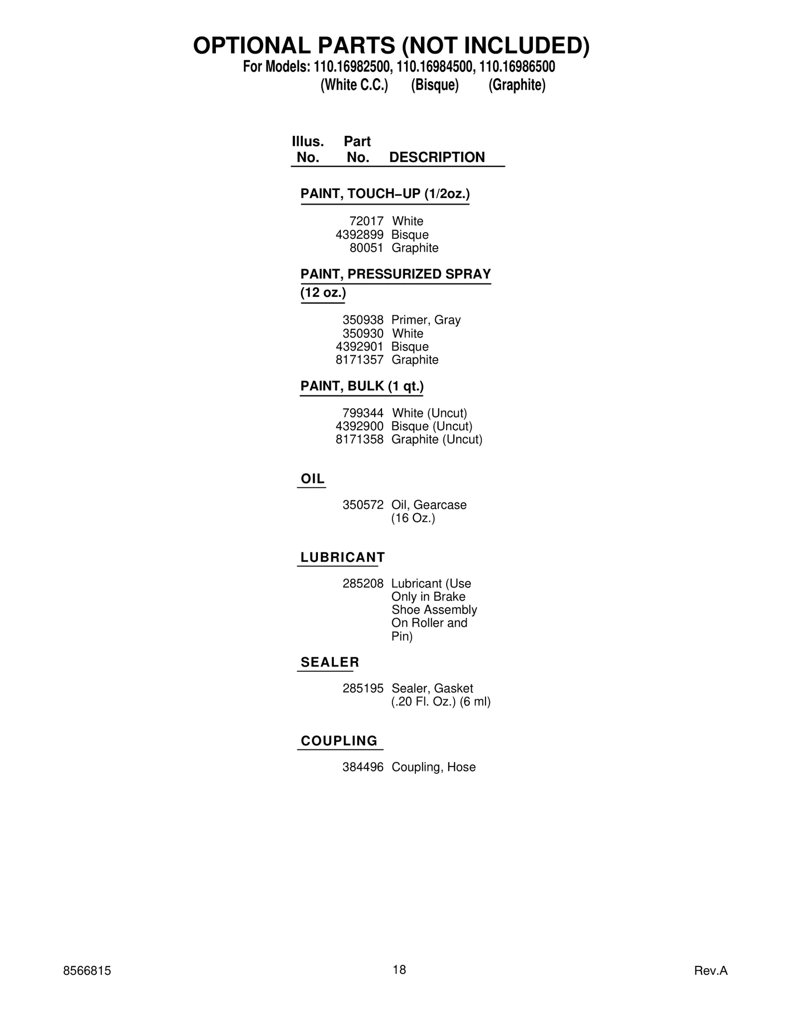 OPTIONAL PARTS (NOT INCLUDED)