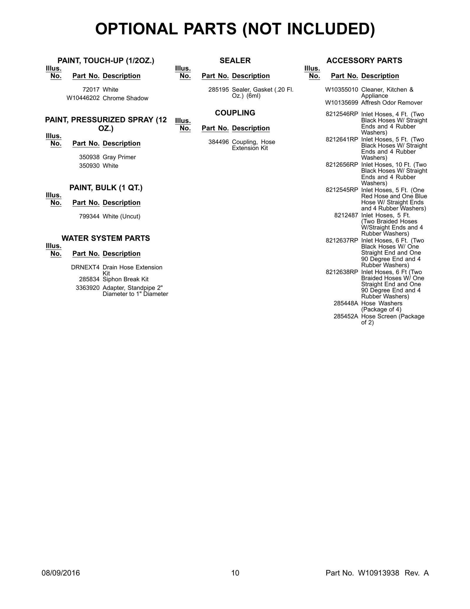 OPTIONAL PARTS (NOT INCLUDED)