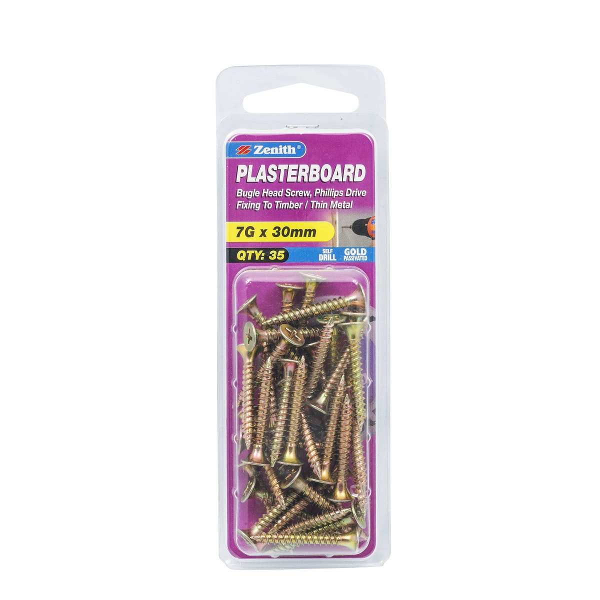 ZENITH® 7G x 30mm Gold Passivated, Phillips Drive, Plasterboard Screws – Internal Use – 35 Pack