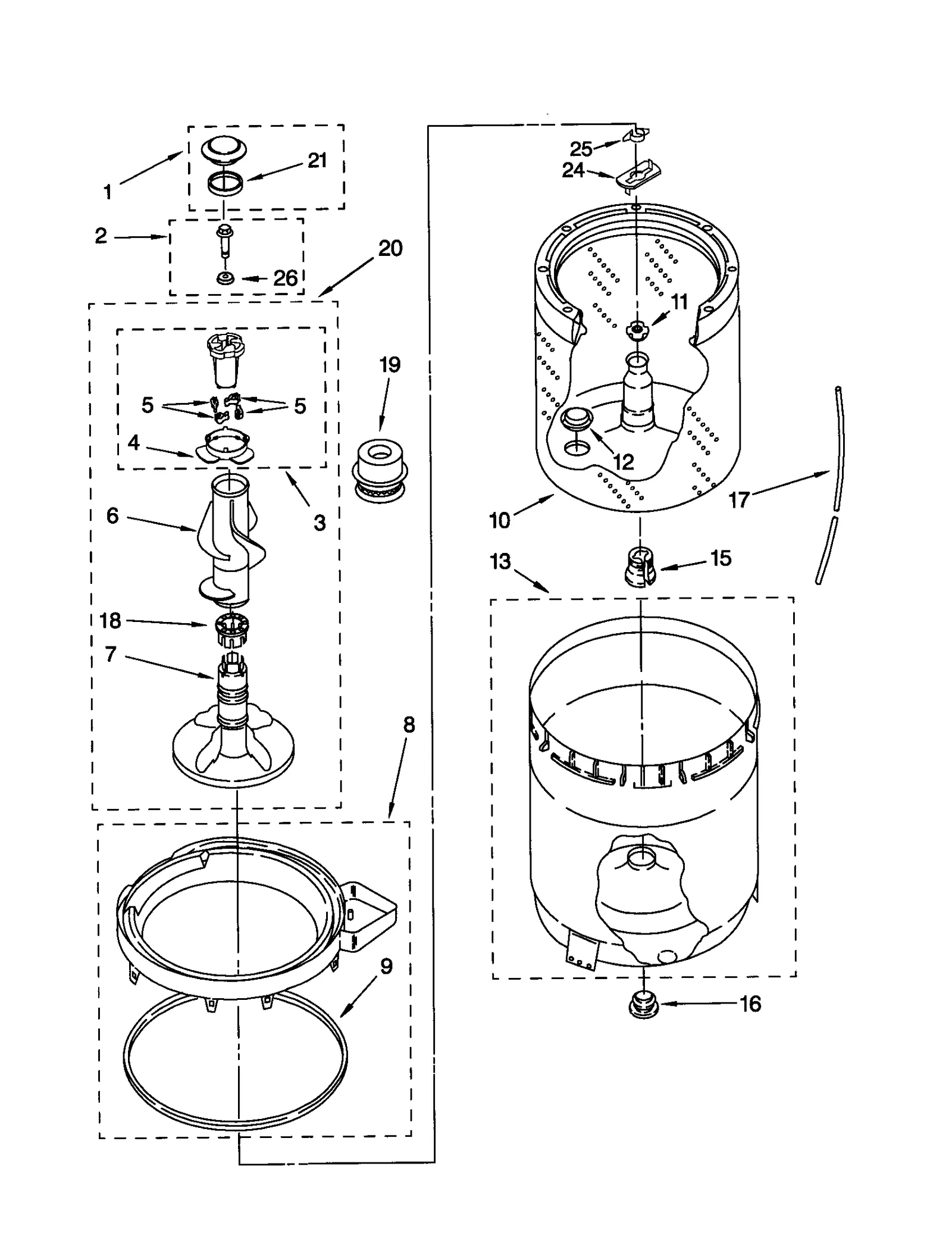 AGITATOR, BASKET AND TUB