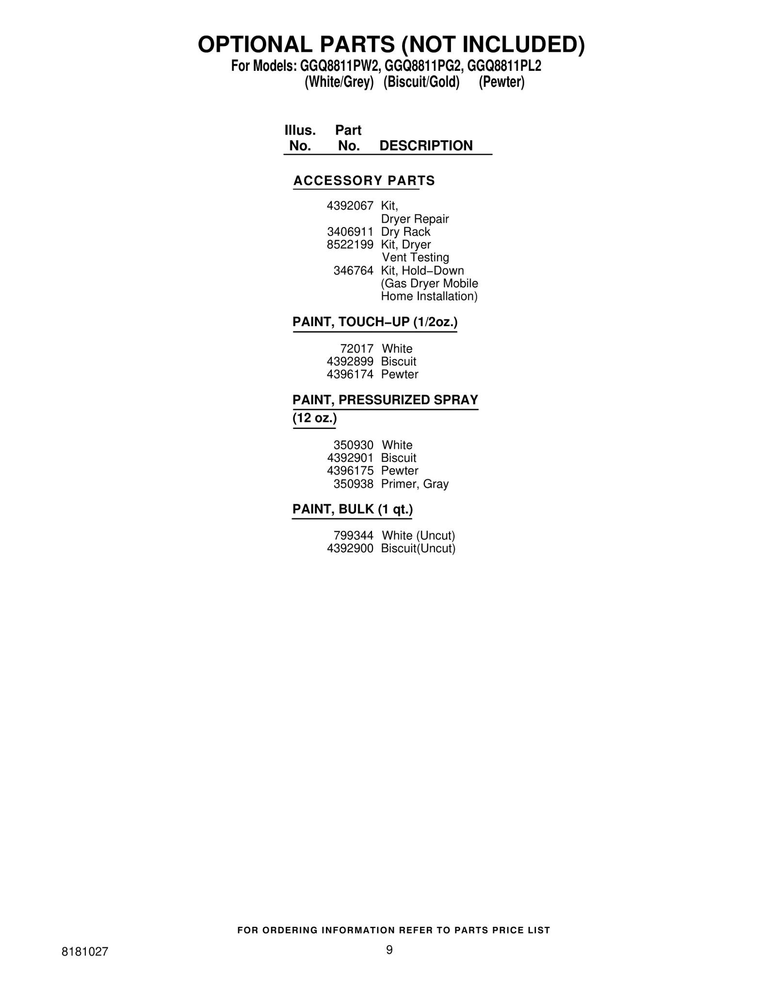 OPTIONAL PARTS (NOT INCLUDED)