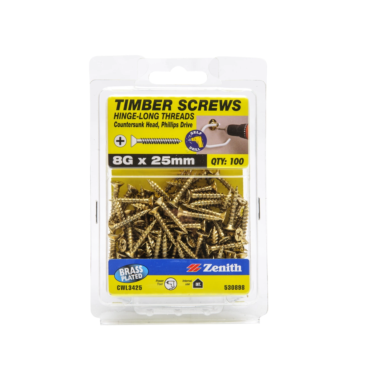 ZENITH® 8G x 25mm Brass Plated, Phillips Drive, Timber Screws – Internal Use – 100 Pack