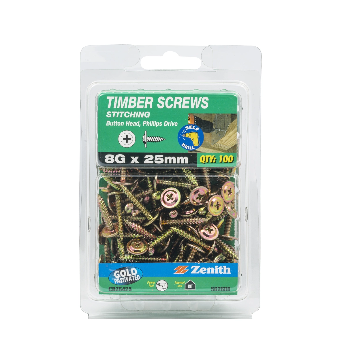 ZENITH® 8G x 25mm Gold Passivated, Phillips Drive, Stitching Screws – Internal Use – 100 Pack