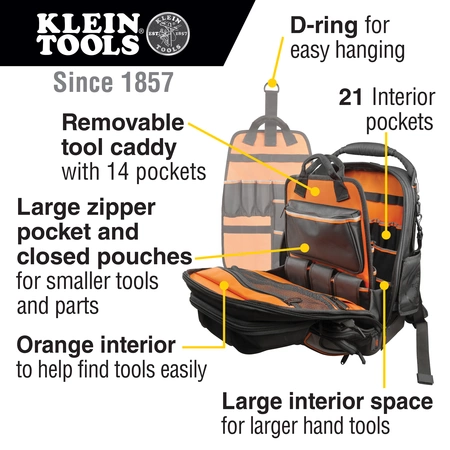 55485 Klein Tools Tool Bag Backpack, Tradesman Pro, 48 Pockets, 19.5" - Image 10