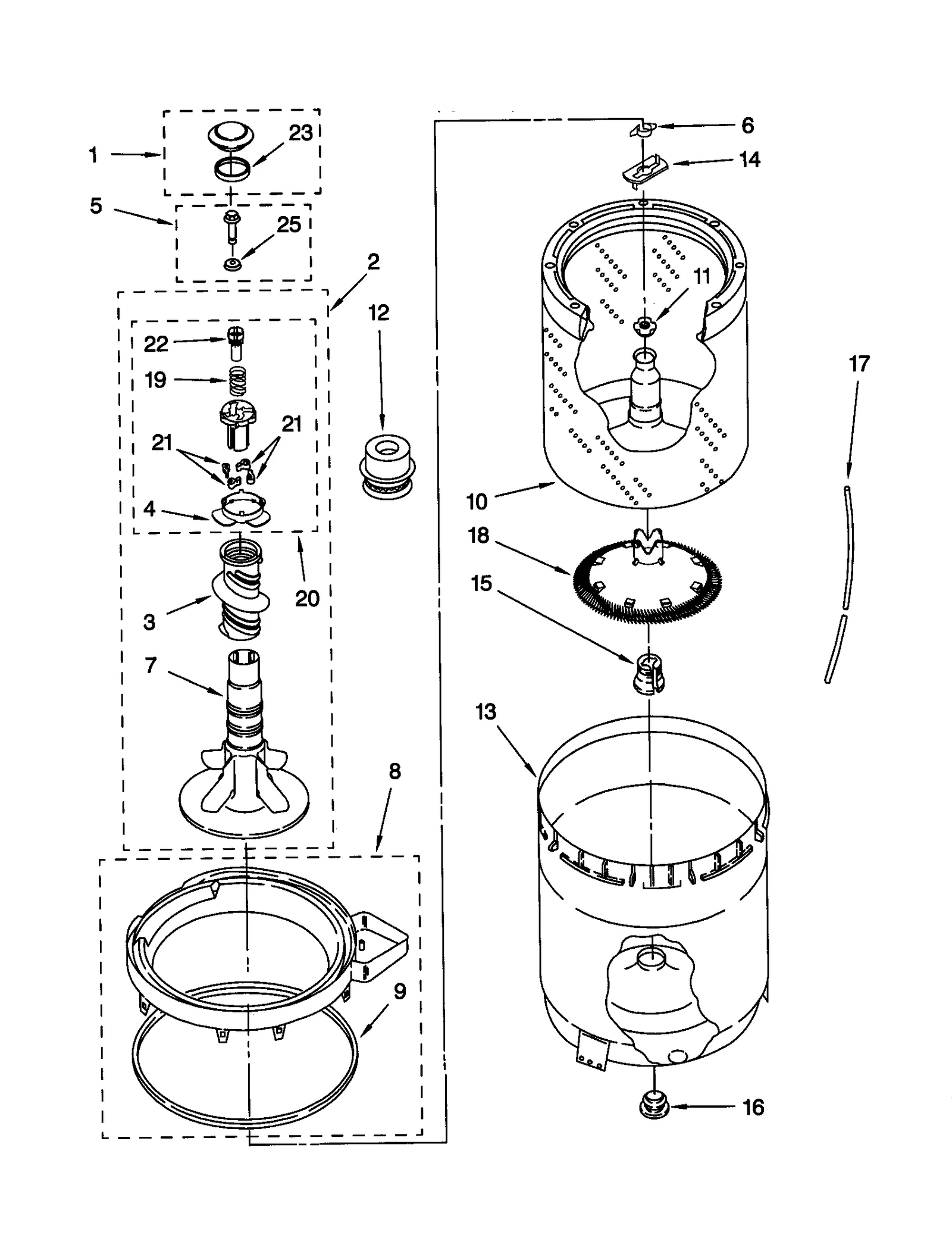 AGITATOR, BASKET AND TUB