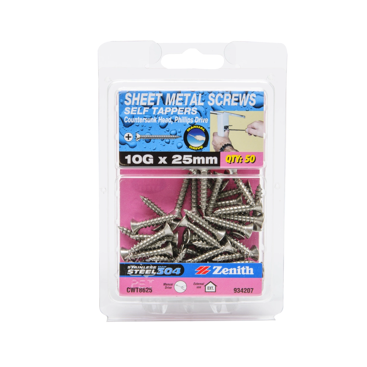 ZENITH® 10G x 25mm 304 Stainless Steel, Self Tapping, Phillips Drive, Sheet Metal Screws – External Use – 50 Pack