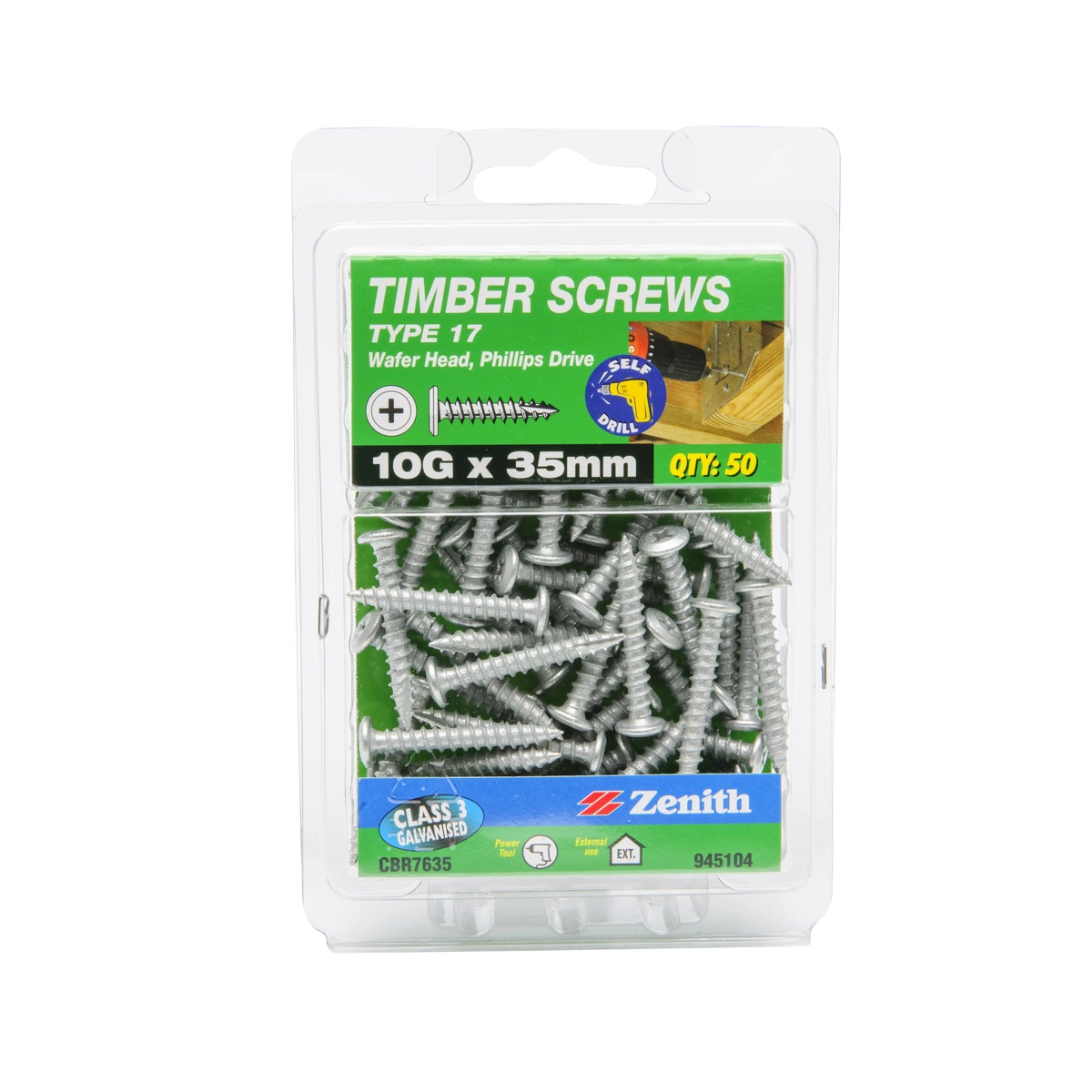 ZENITH® 10G x 35mm Class 3 Galvanised, Phillips Drive, Timber Screws – External Use – 50 Pack