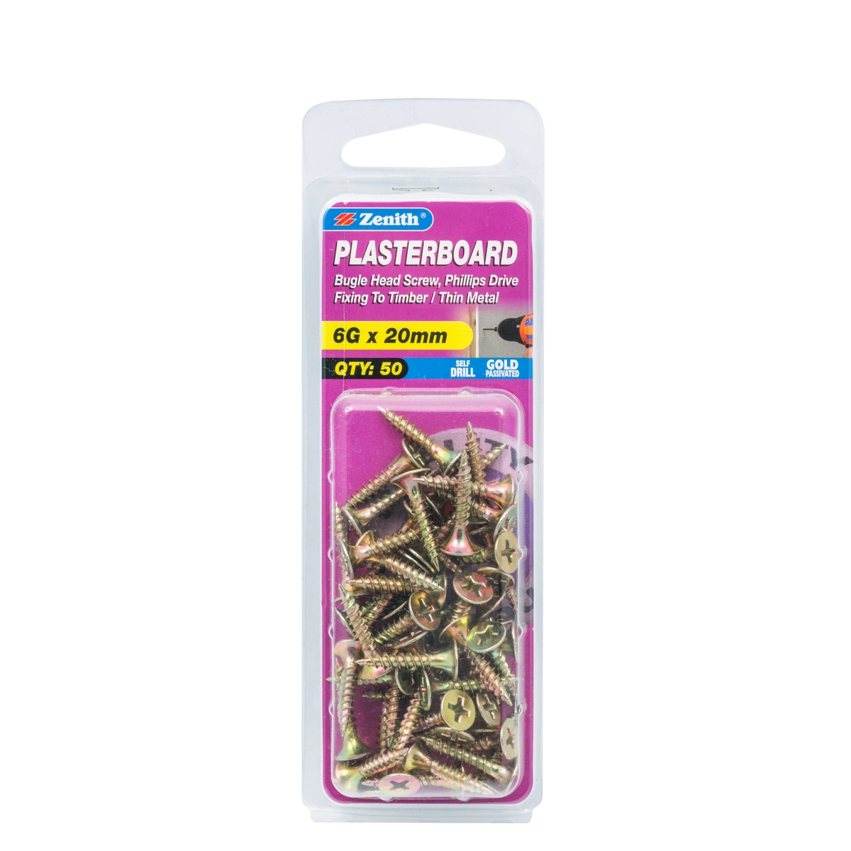 ZENITH® 6G x 20mm Gold Passivated, Phillips Drive, Plasterboard Screws – Internal Use – 50 Pack
