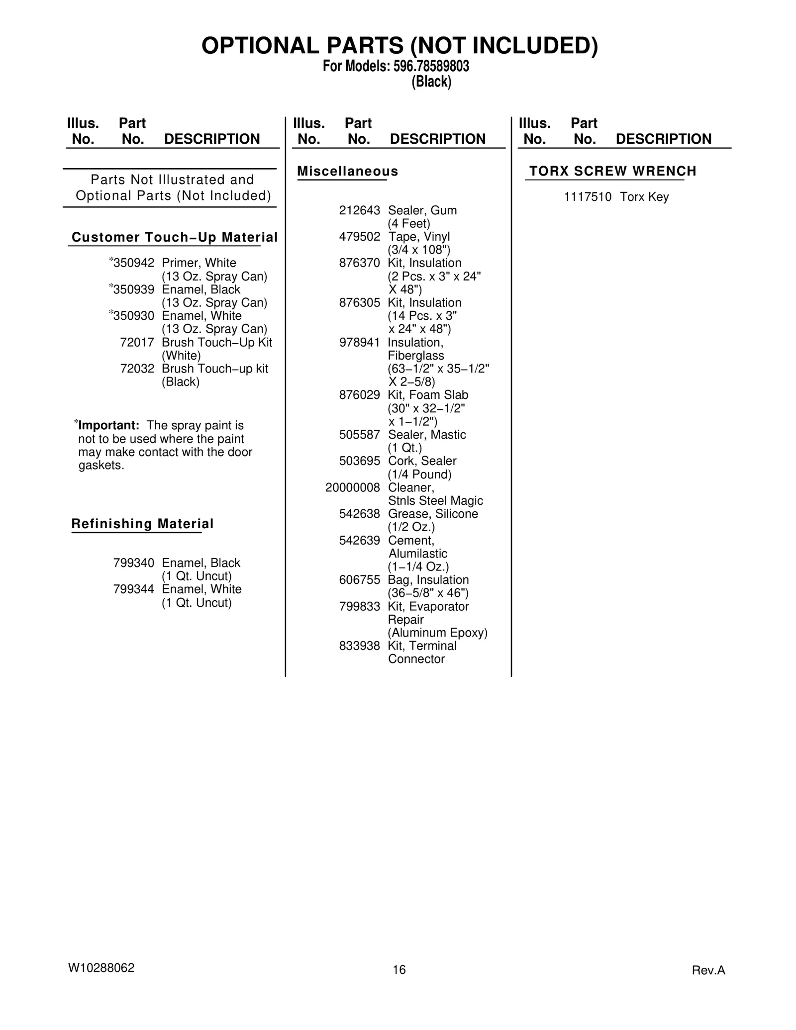 OPTIONAL PARTS (NOT INCLUDED)