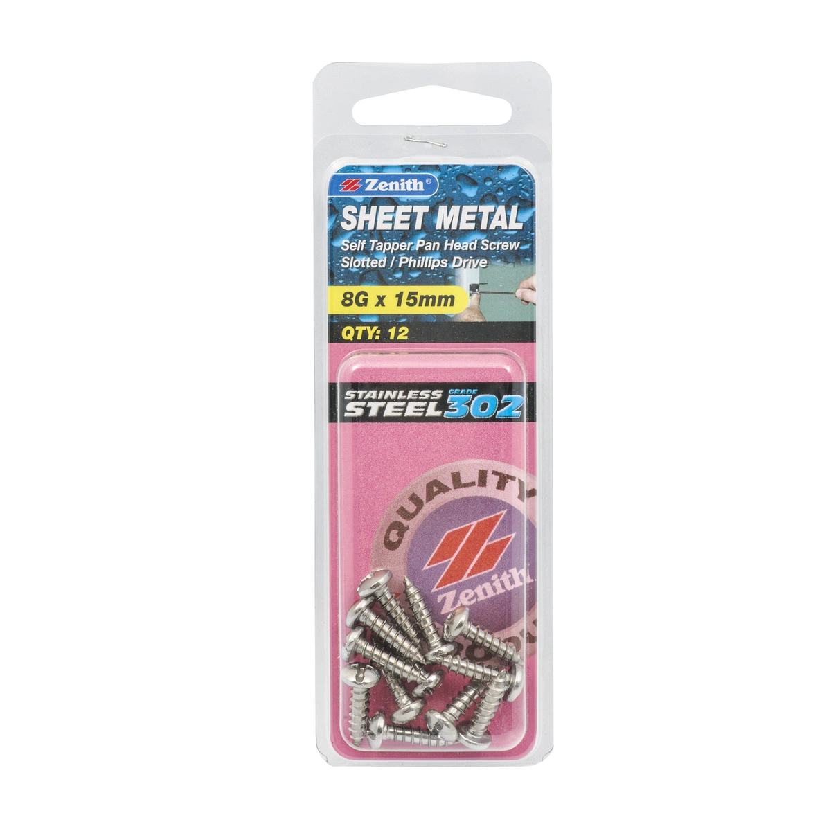 ZENITH® 8G x 15mm 304 Stainless Steel, Self Tapping, Combination Drive, Sheet Metal Screws – External Use – 12 Pack