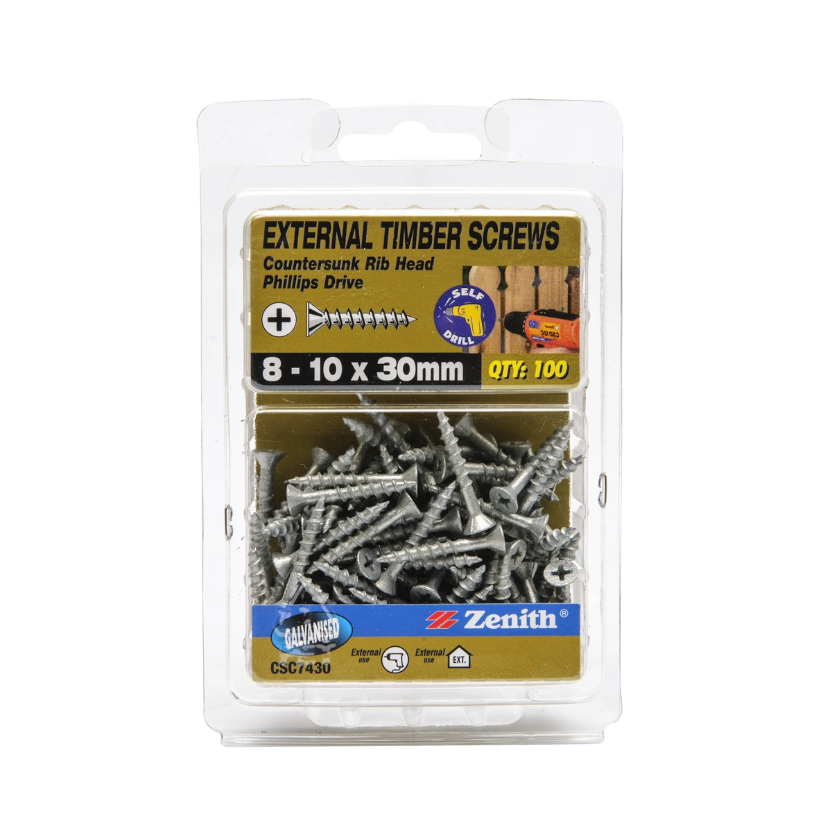 ZENITH® 8G x 30mm Galvanised, Phillips Drive, Timber Screws – External Use – 100 Pack