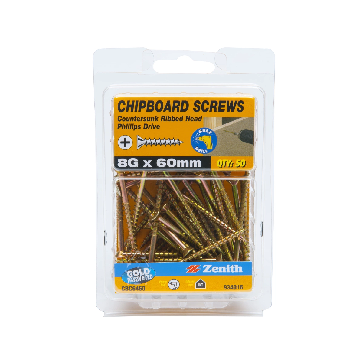 ZENITH® 8G x 60mm Gold Passivated, Phillips Drive, Chipboard Screws – Internal Use – 50 Pack