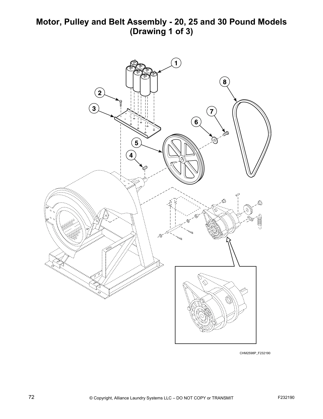 Motor, Pulley and Belt Assembly - 20, 25 and 30 Pound Models 
(Drawing 1 of 3)