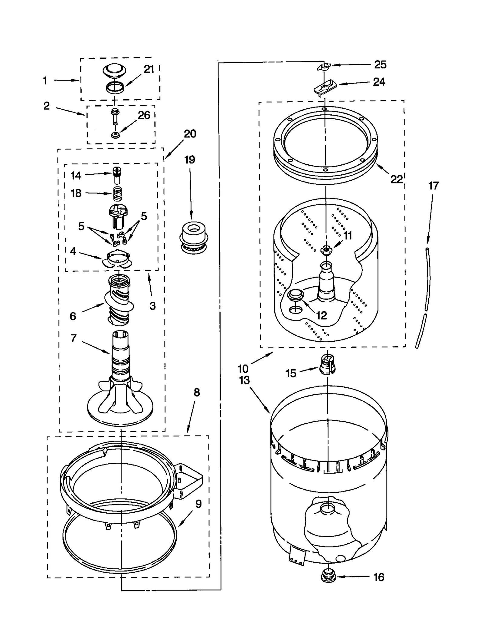 AGITATOR, BASKET AND TUB