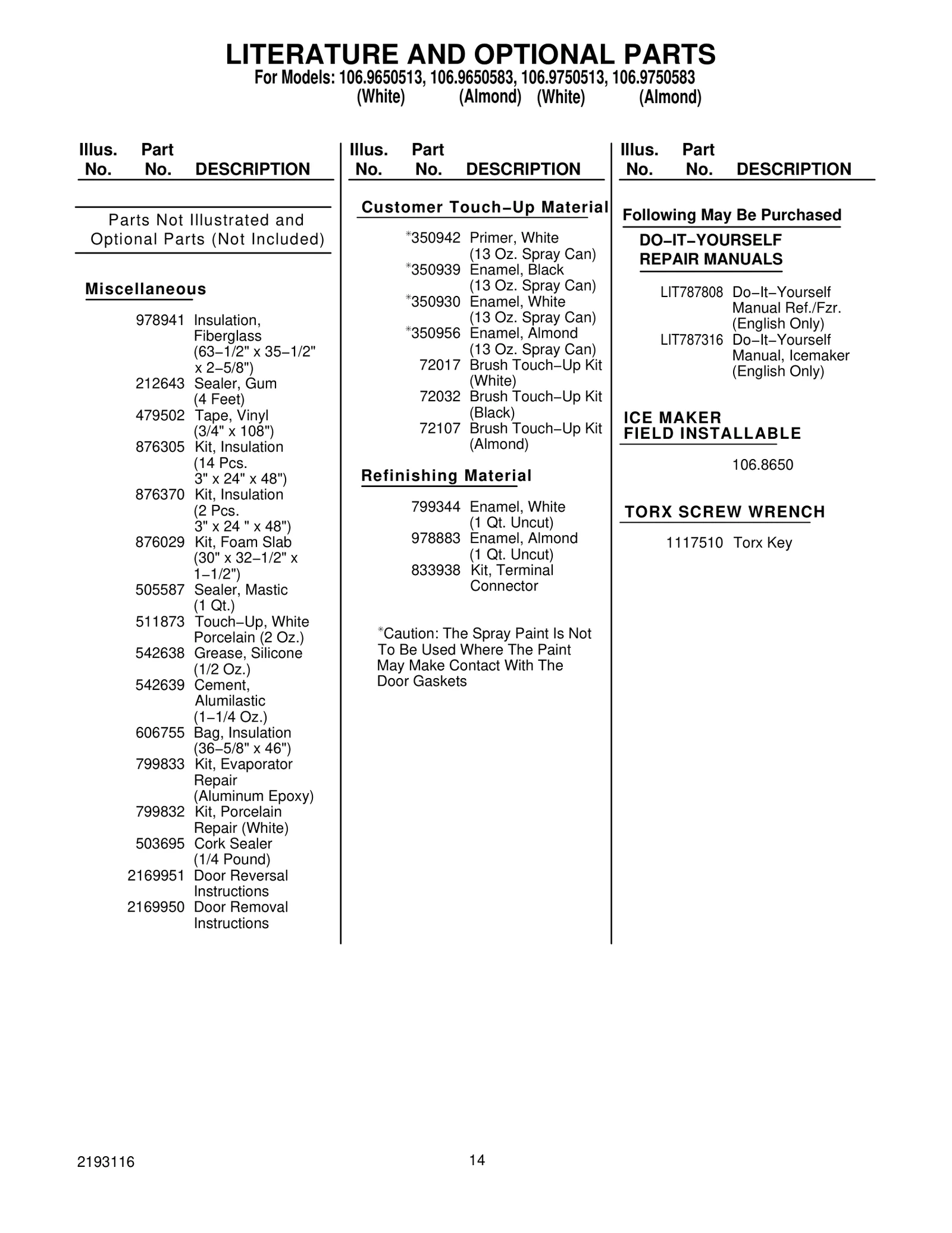 LITERATURE AND OPTIONAL PARTS