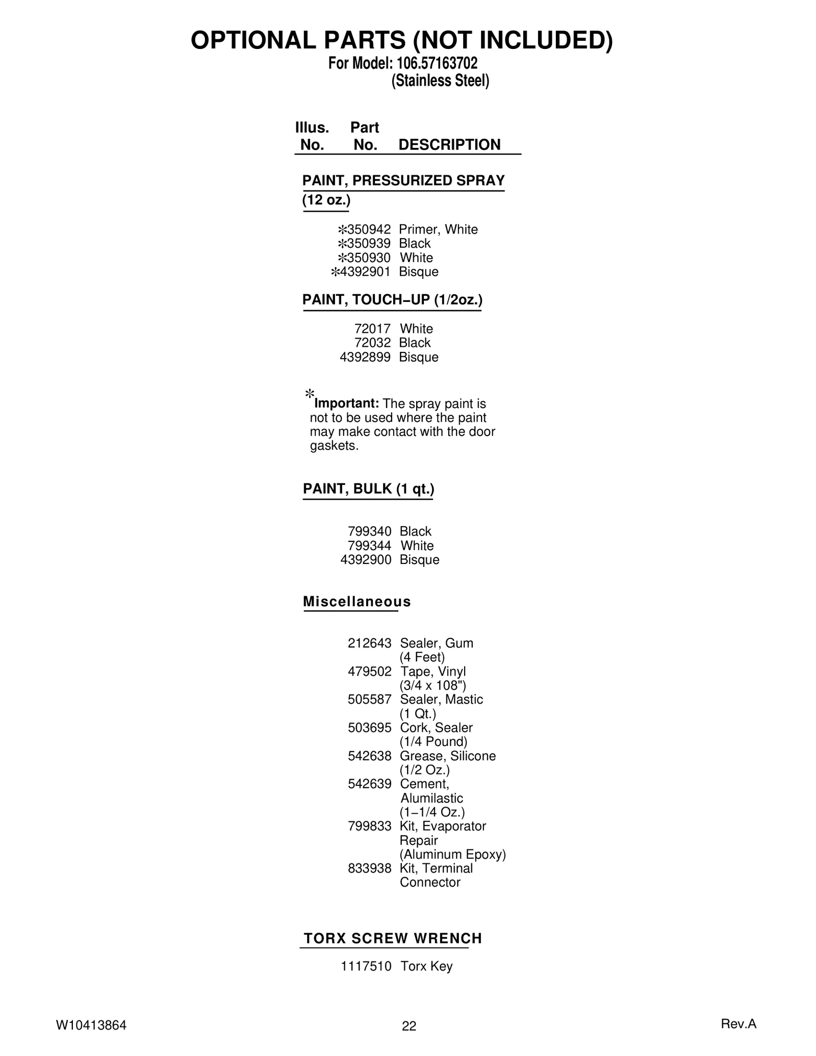 OPTIONAL PARTS (NOT INCLUDED)