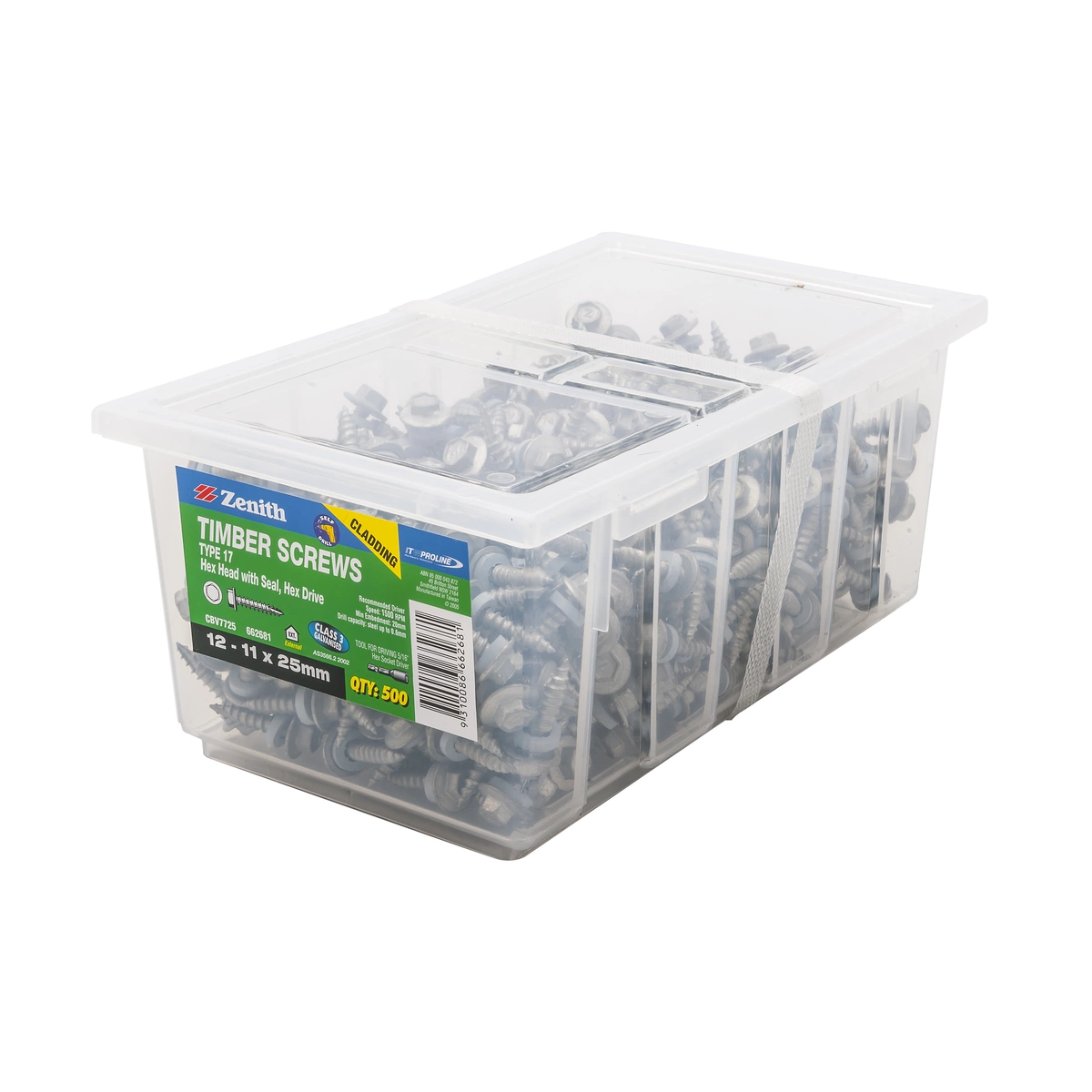 ZENITH® 12G x 45mm Class 3 Galvanised, External Hex Drive, Cladding & Roofing Screws with Seal – External Use – 500 Pack