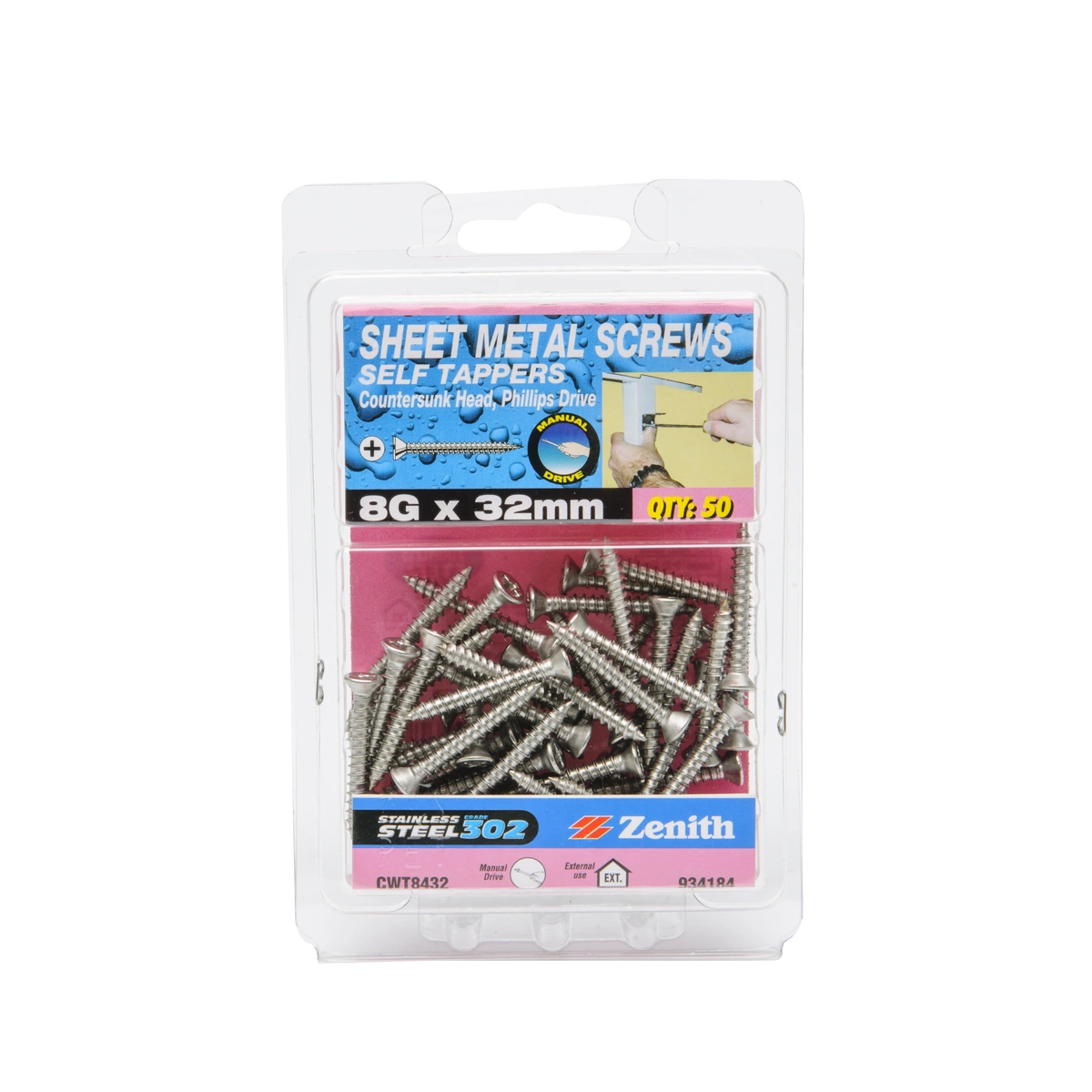 ZENITH® 8G x 32mm 304 Stainless Steel, Self Tapping, Phillips Drive, Sheet Metal Screws – External Use – 50 Pack