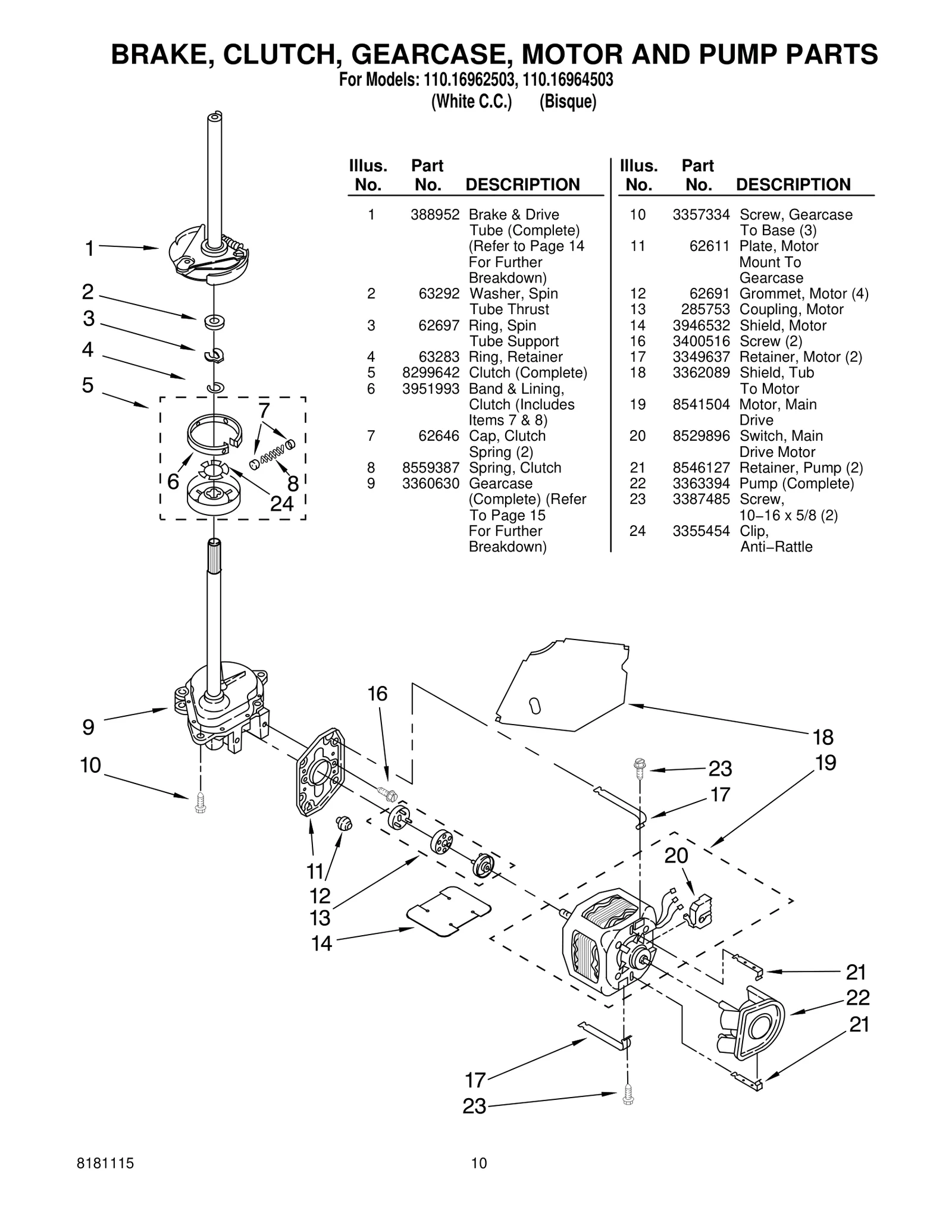 BRAKE, CLUTCH, GEARCASE, MOTOR AND PUMP PARTS