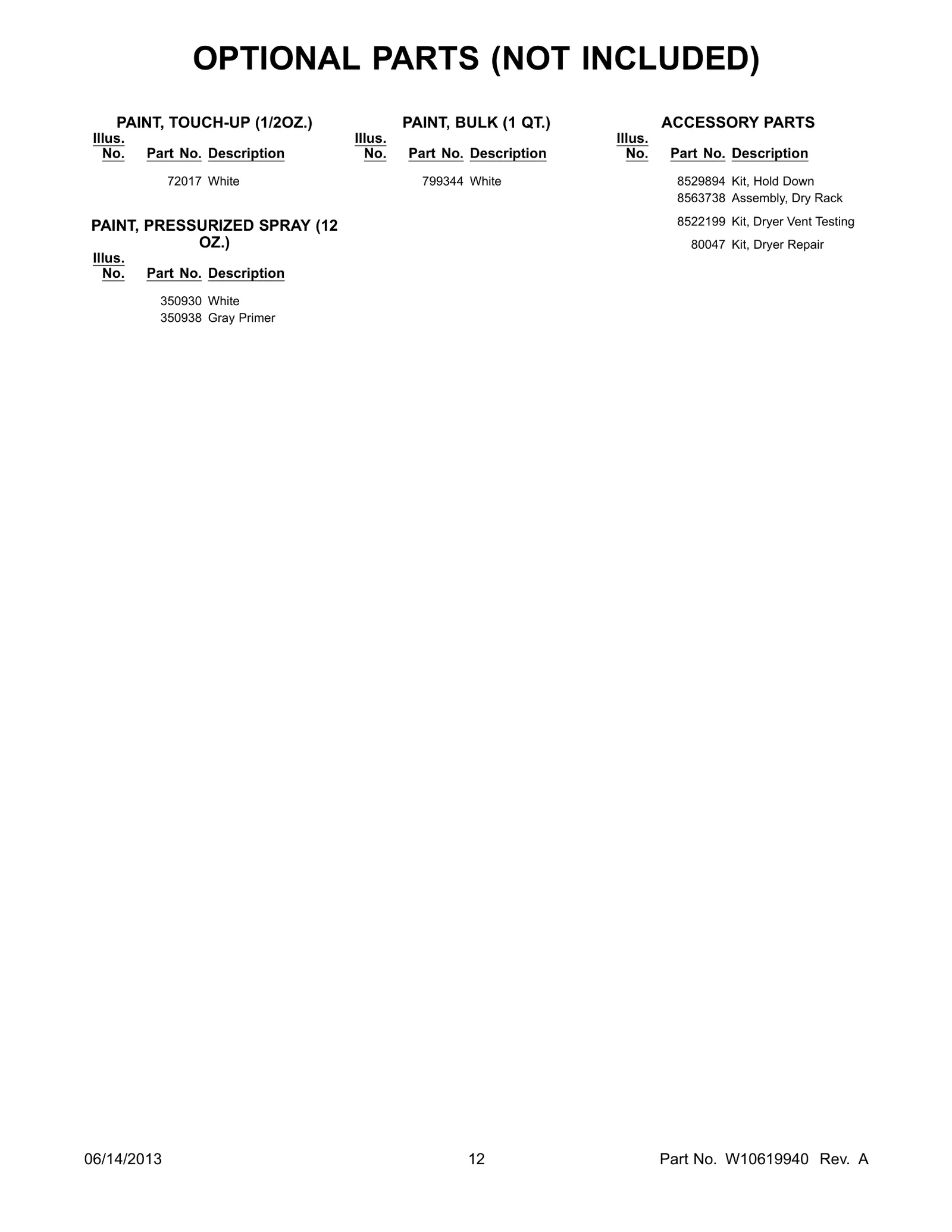 OPTIONAL PARTS (NOT INCLUDED)