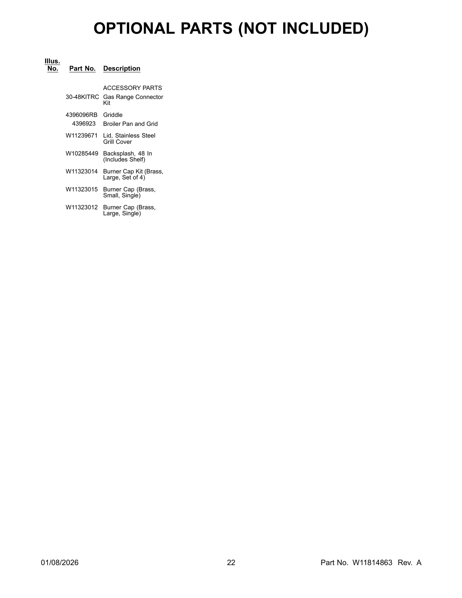 OPTIONAL PARTS (NOT INCLUDED)