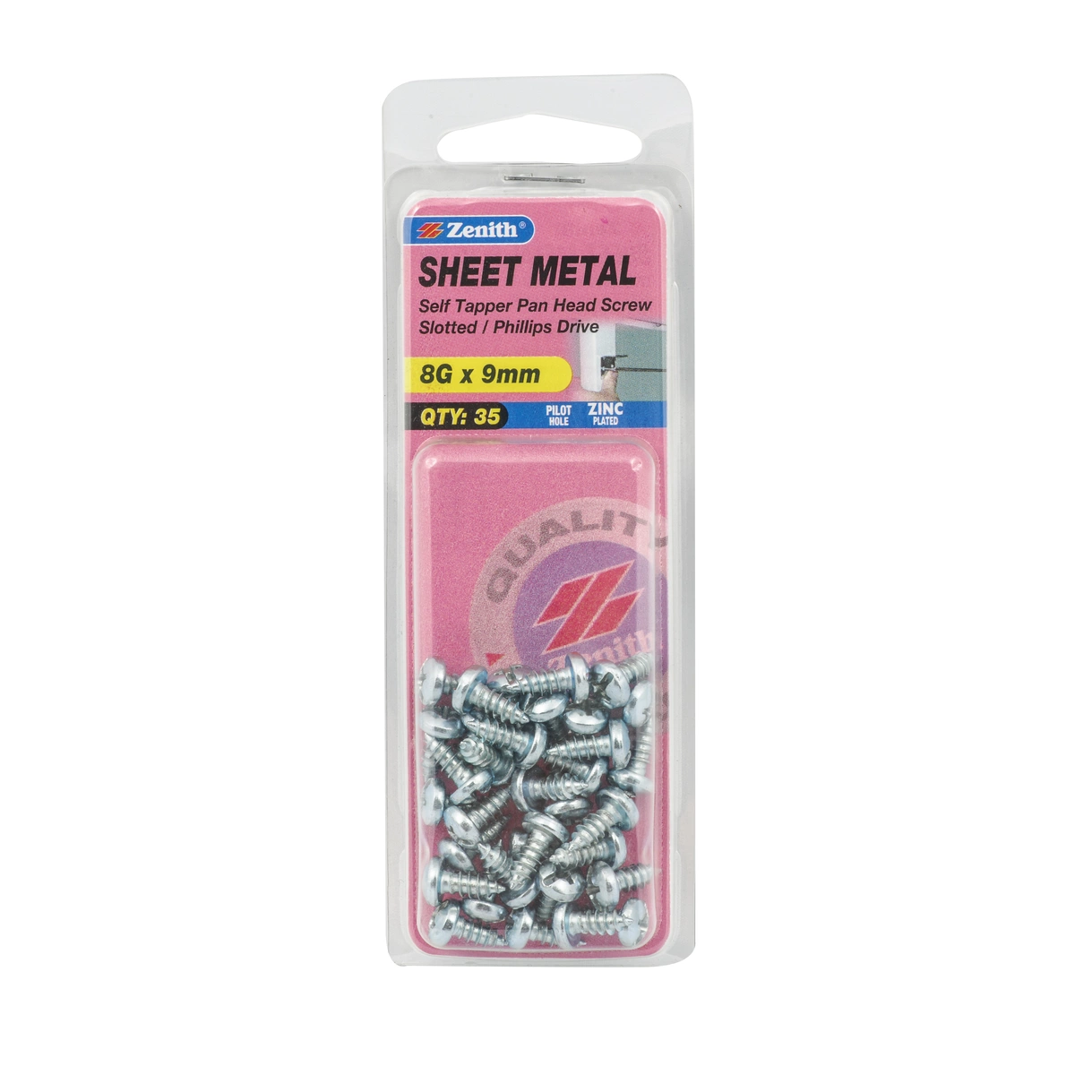 ZENITH® 8G x 9mm Zinc Plated, Self Tapping, Combination Drive, Sheet Metal Screws – Internal Use – 35 Pack