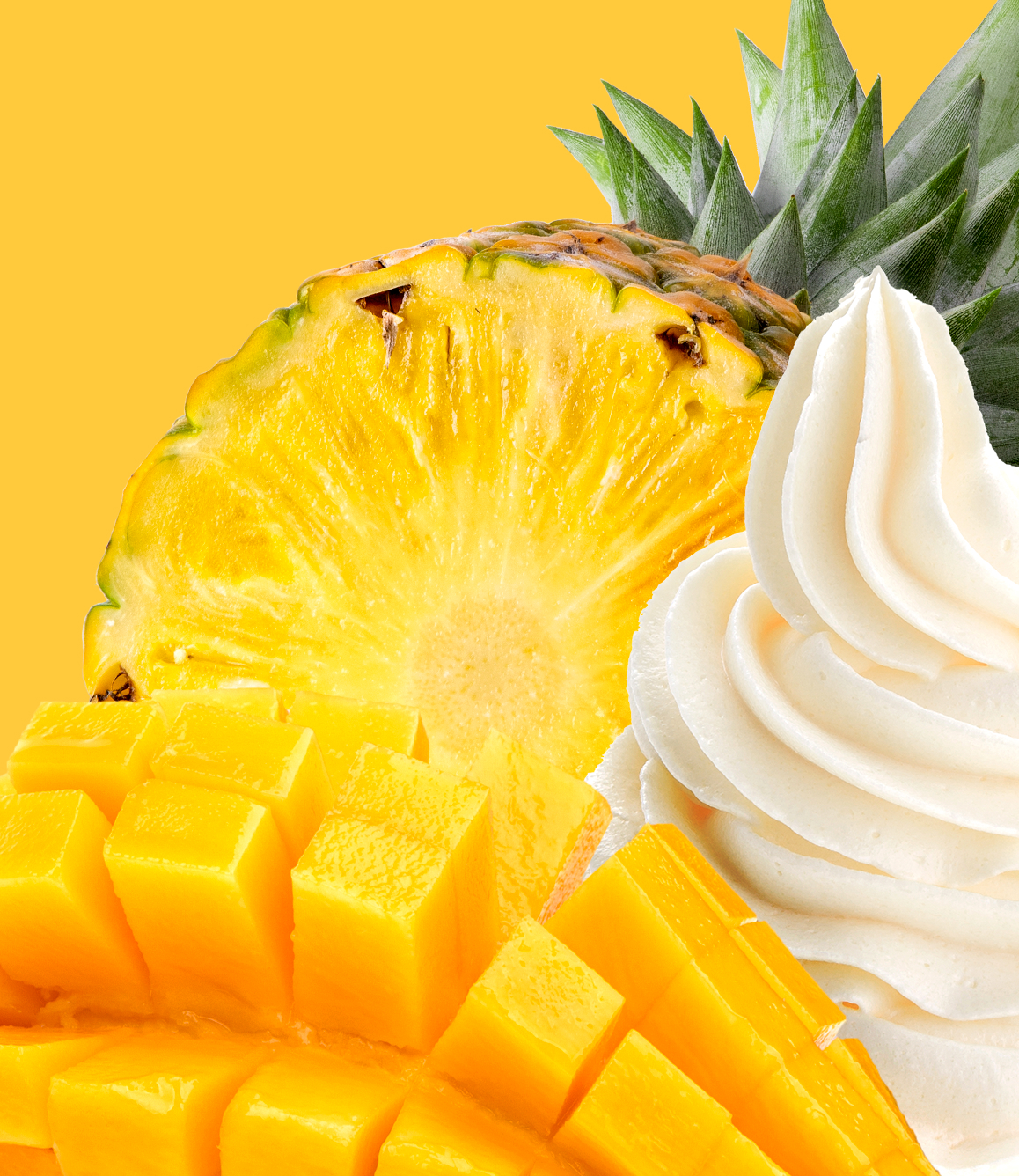 A vibrant composition featuring a halved pineapple with its spiky green crown, surrounded by freshly cut mango cubes and a swirl of creamy white whipped topping, all set against a bright yellow background. The pineapple's yellow flesh is juicy and textured, with a few brown eyes visible, and the mango pieces are uniformly cut, glossy, and ripe. The whipped topping is smooth, piped in a decorative swirl, adding a soft contrast to the tropical fruit arrangement. The lighting is bright and even, highlighting the vivid colors and fresh appearance, creating a cheerful and summery mood.